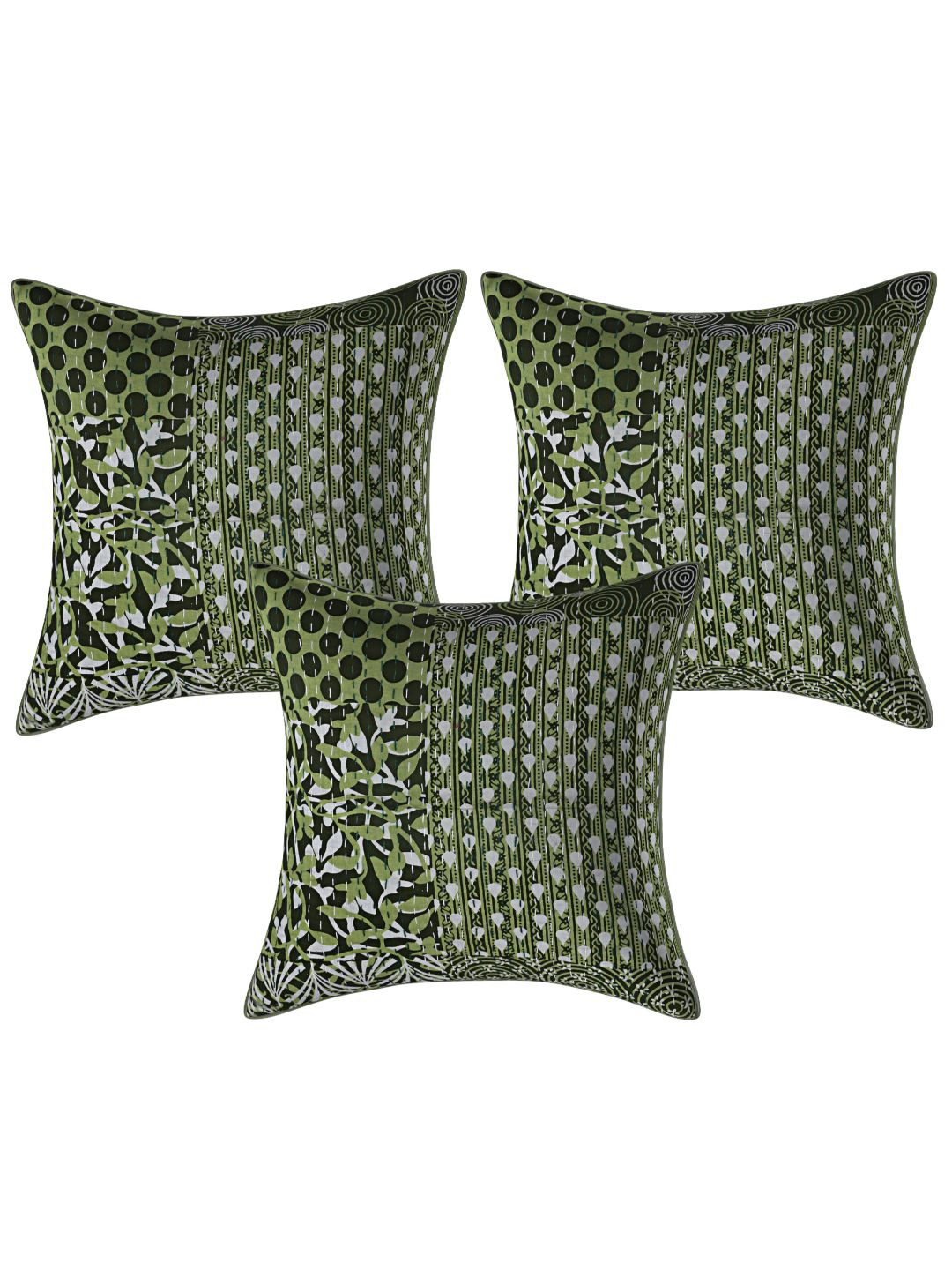 

INDHOME LIFE Green & White Set of 3 Floral Printed Pure Cotton Square Cushion Covers