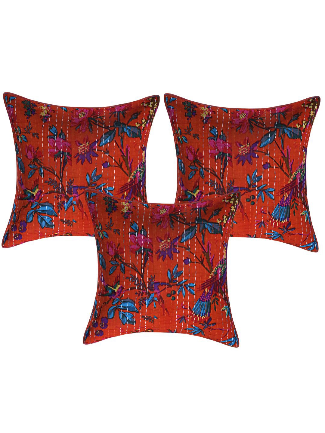 

INDHOME LIFE Red & Blue Set of 3 Floral Square Cushion Covers