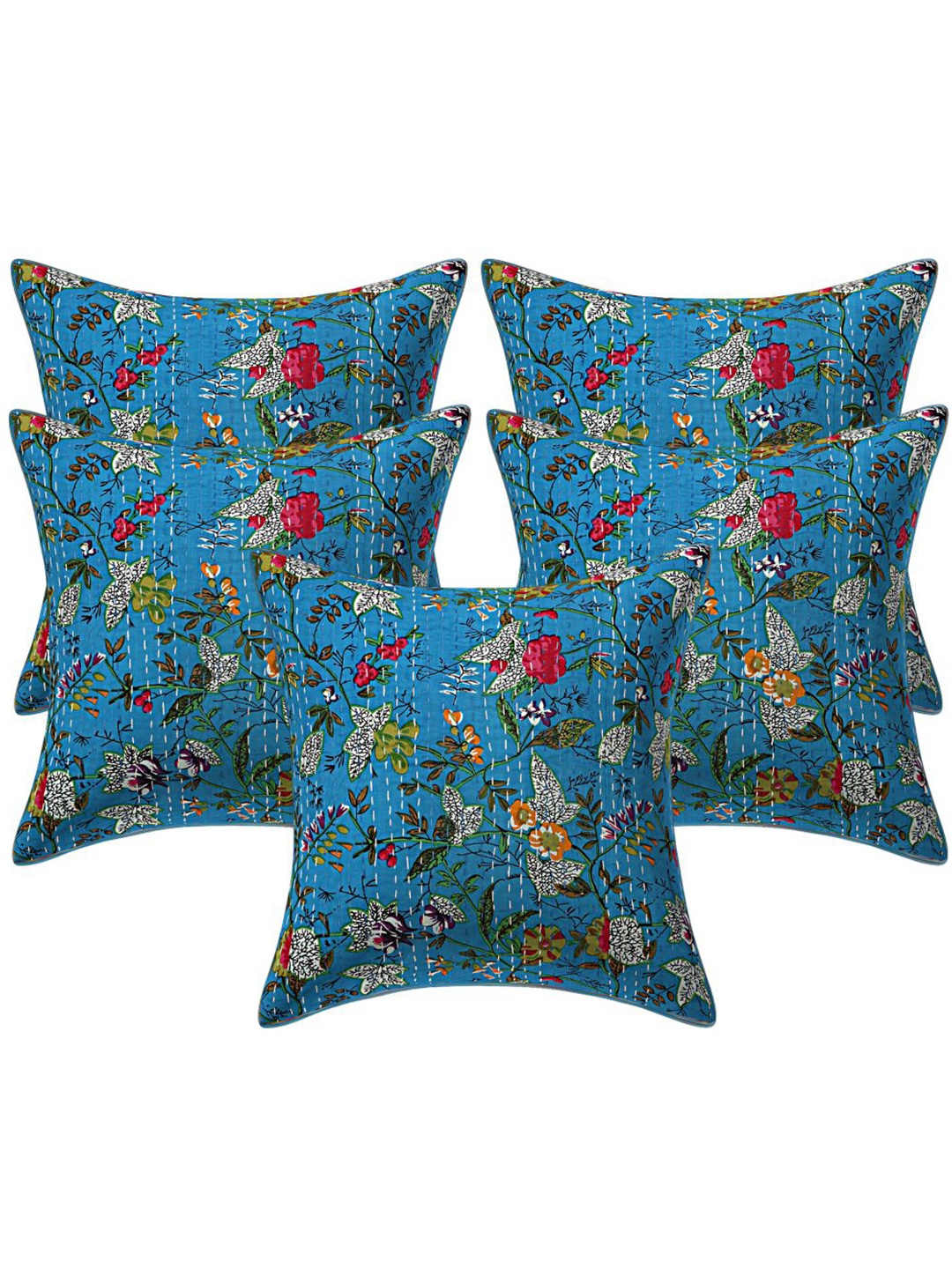 

INDHOME LIFE Blue & Red Set of 5 Floral Square Cushion Covers