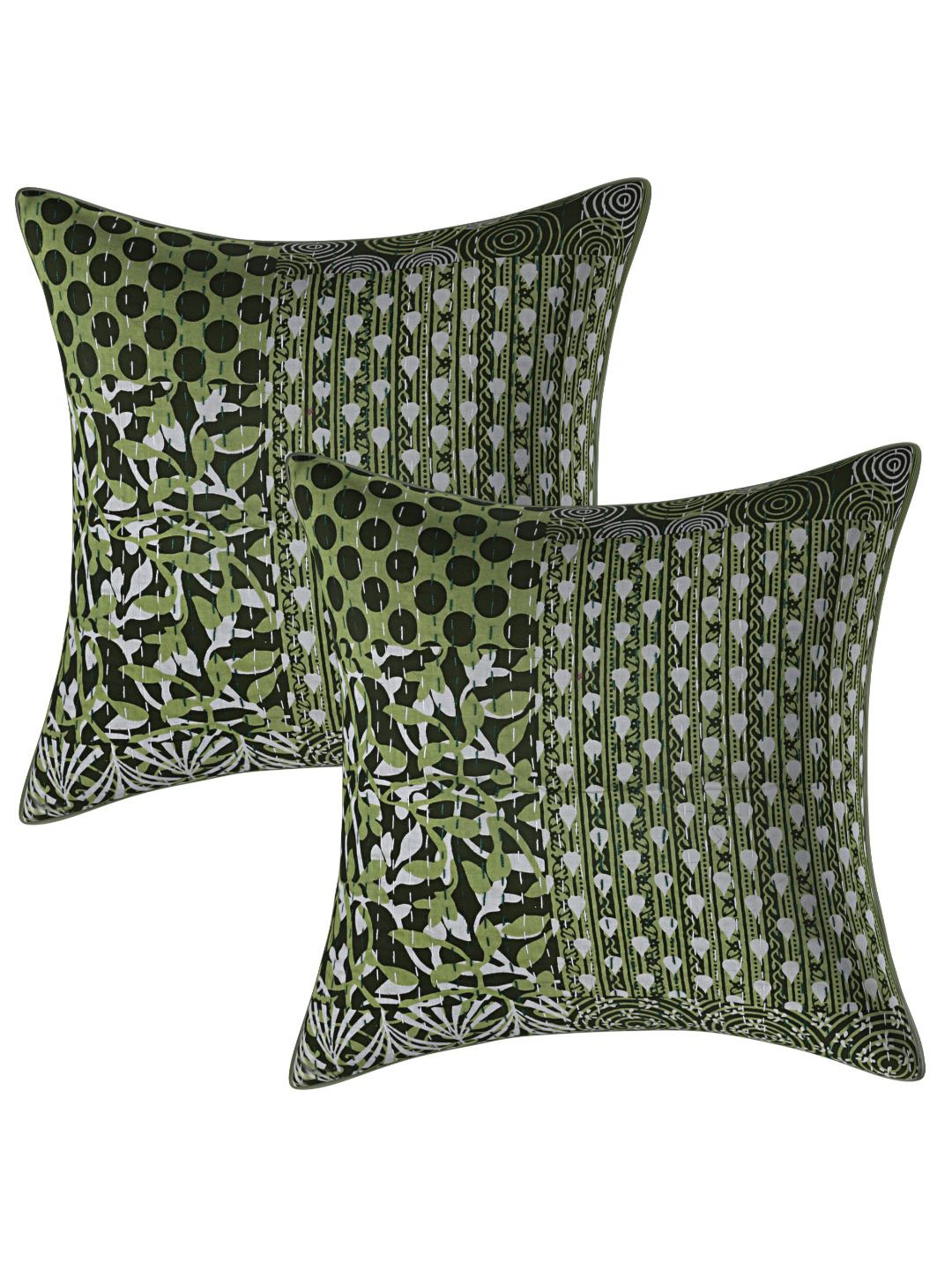 

INDHOME LIFE Green & White Set of 2 Floral Square Cushion Covers