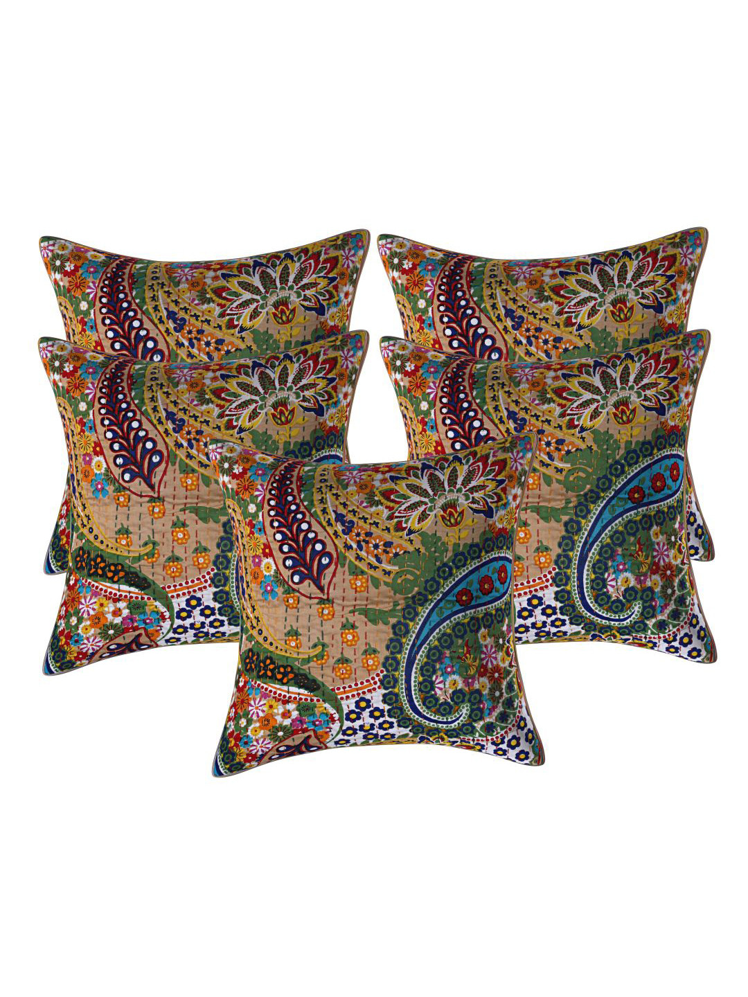 

INDHOME LIFE Brown & Green Set of 5 Floral Square Cushion Covers