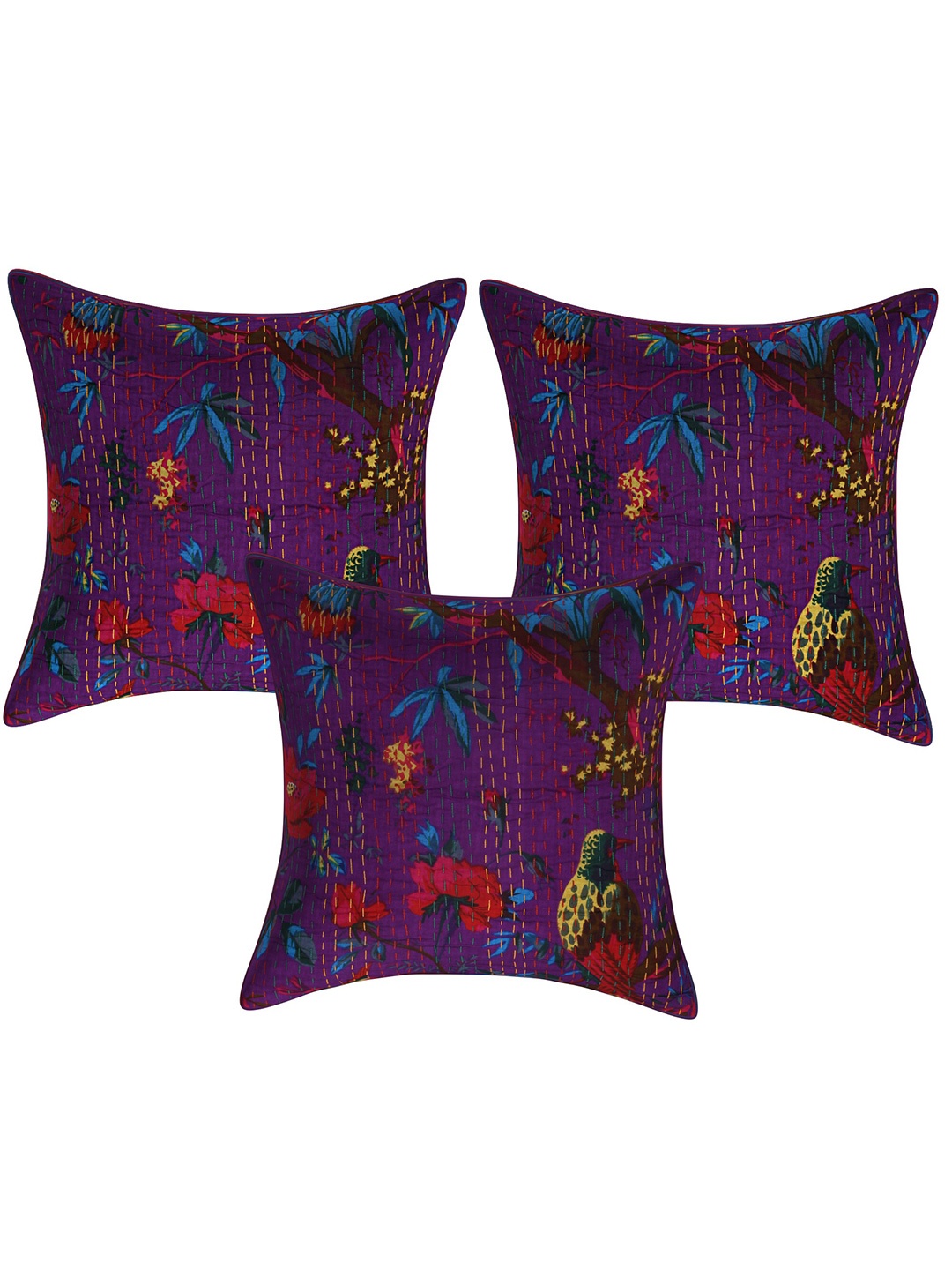 

INDHOME LIFE Purple & Red Set of 3 Floral Square Cushion Covers
