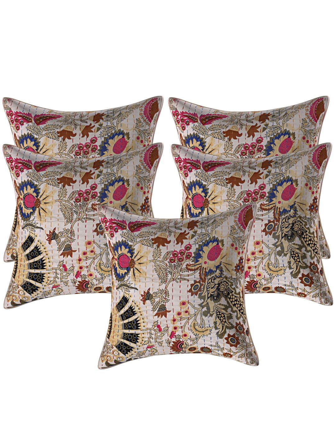 

INDHOME LIFE Beige & Red Set of 5 Floral Square Cushion Covers