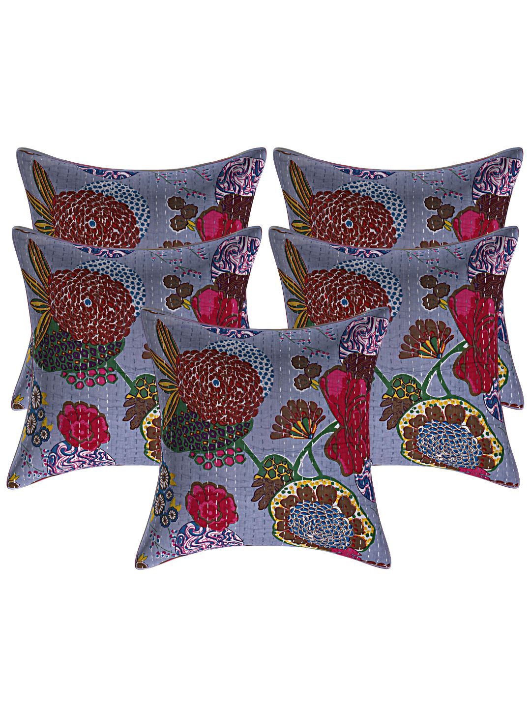 

INDHOME LIFE Teal & Red Set of 5 Floral Square Cushion Covers