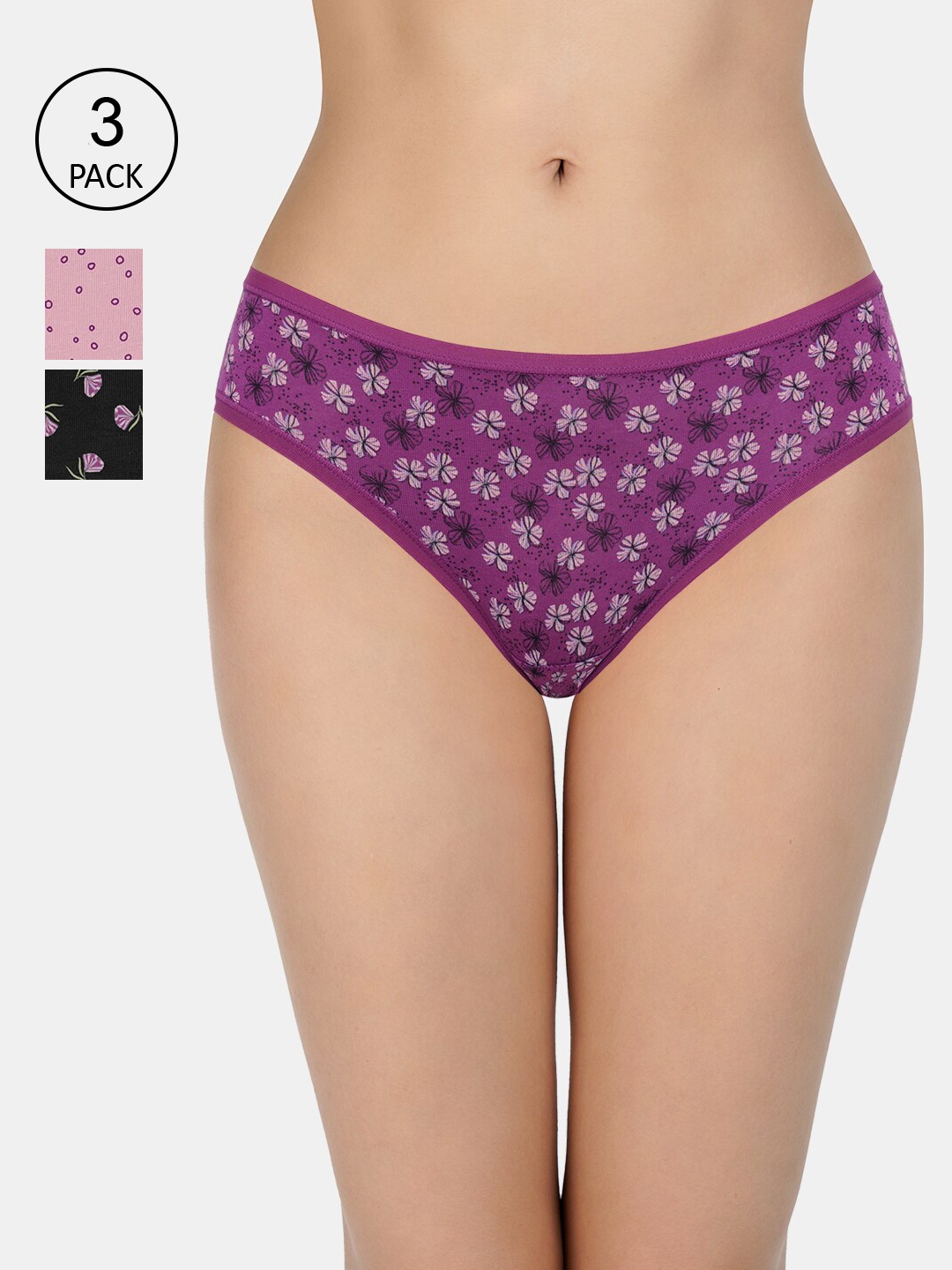 

Amante Women Pack of 3 Printed Low Rise Bikini Brief - PPK33102, Black
