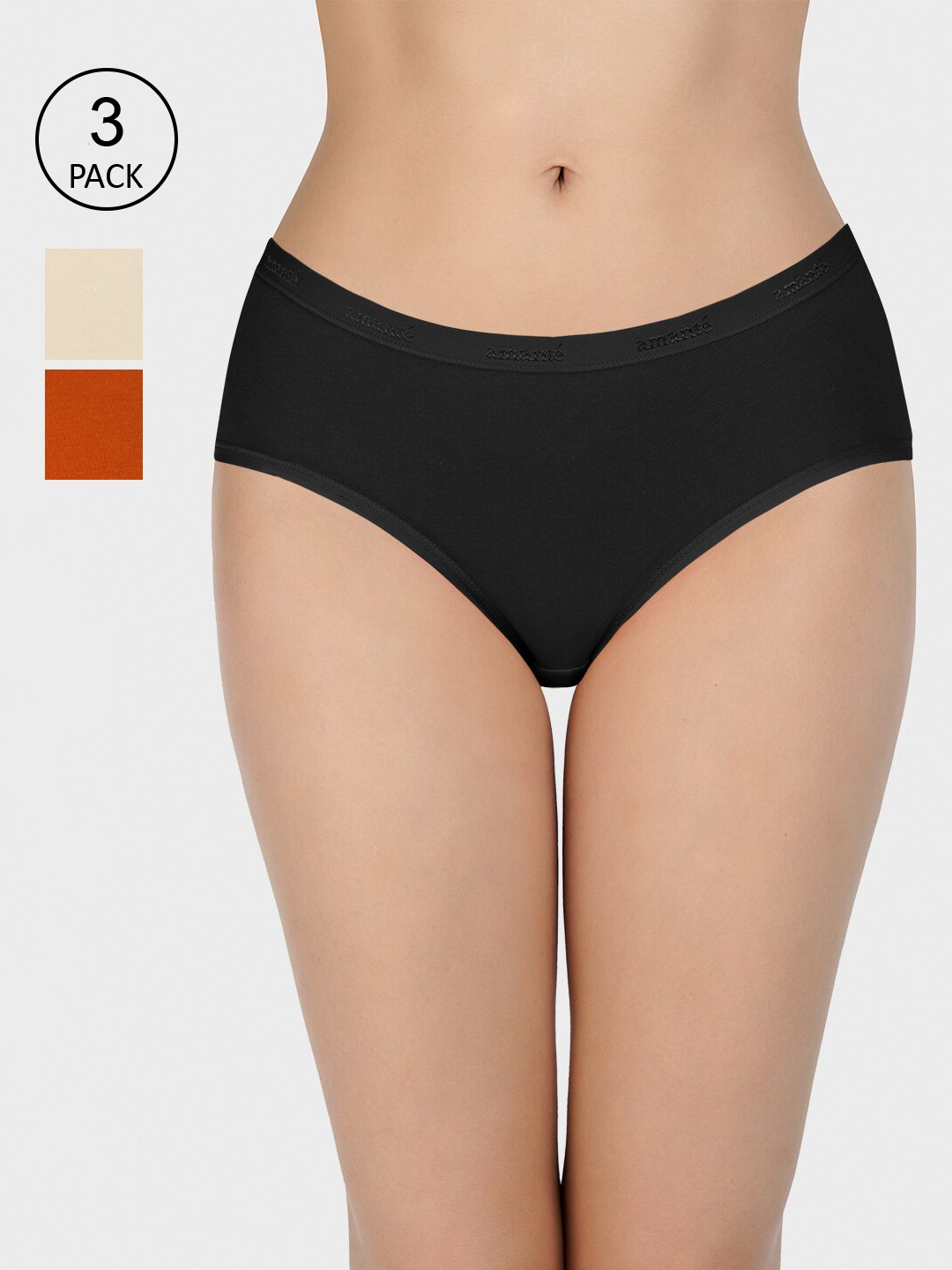 

Amante Women Pack Of 3 Solid Cotton Low-Rise Hipster Briefs, Black