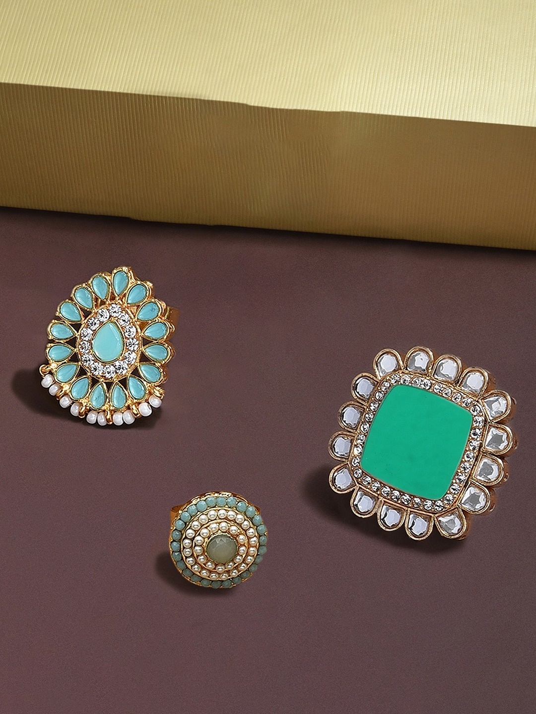 

Zaveri Pearls Set Of 3 Gold-Plated Turquoise Blue & Green Kundan Studded Adjustable Finger Ring