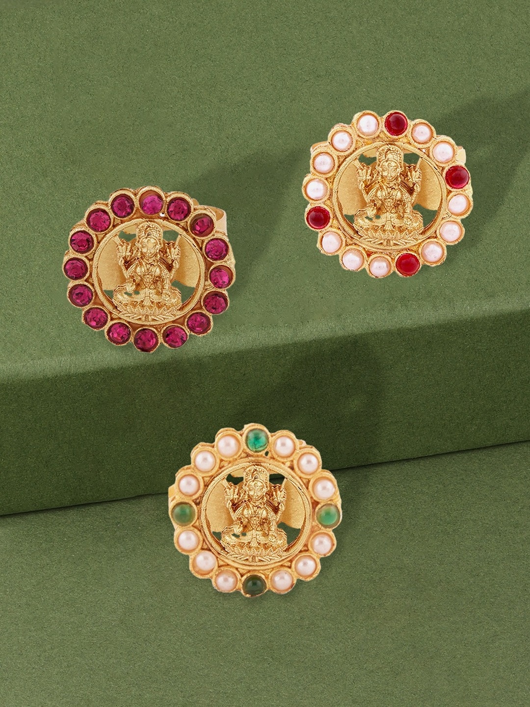 

Zaveri Pearls Set of 3 Gold-Plated Pink & Green Pearls Studded & Beaded Goddess Laxmi Temple Adjustable Finger Rings