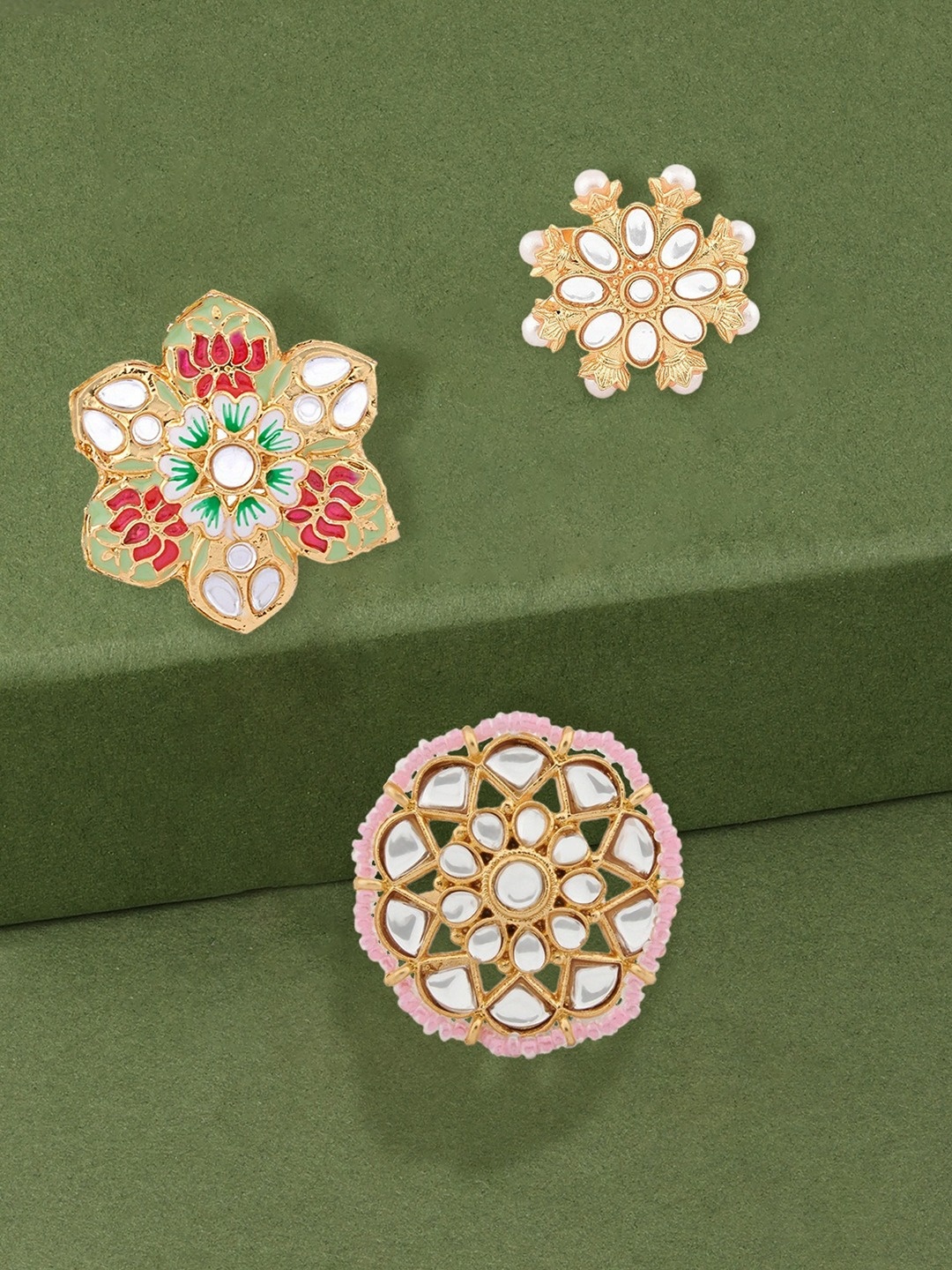 

Zaveri Pearls Set Of 3 White Kundan Studded & Beaded Meenakari Finger Ring, Multi