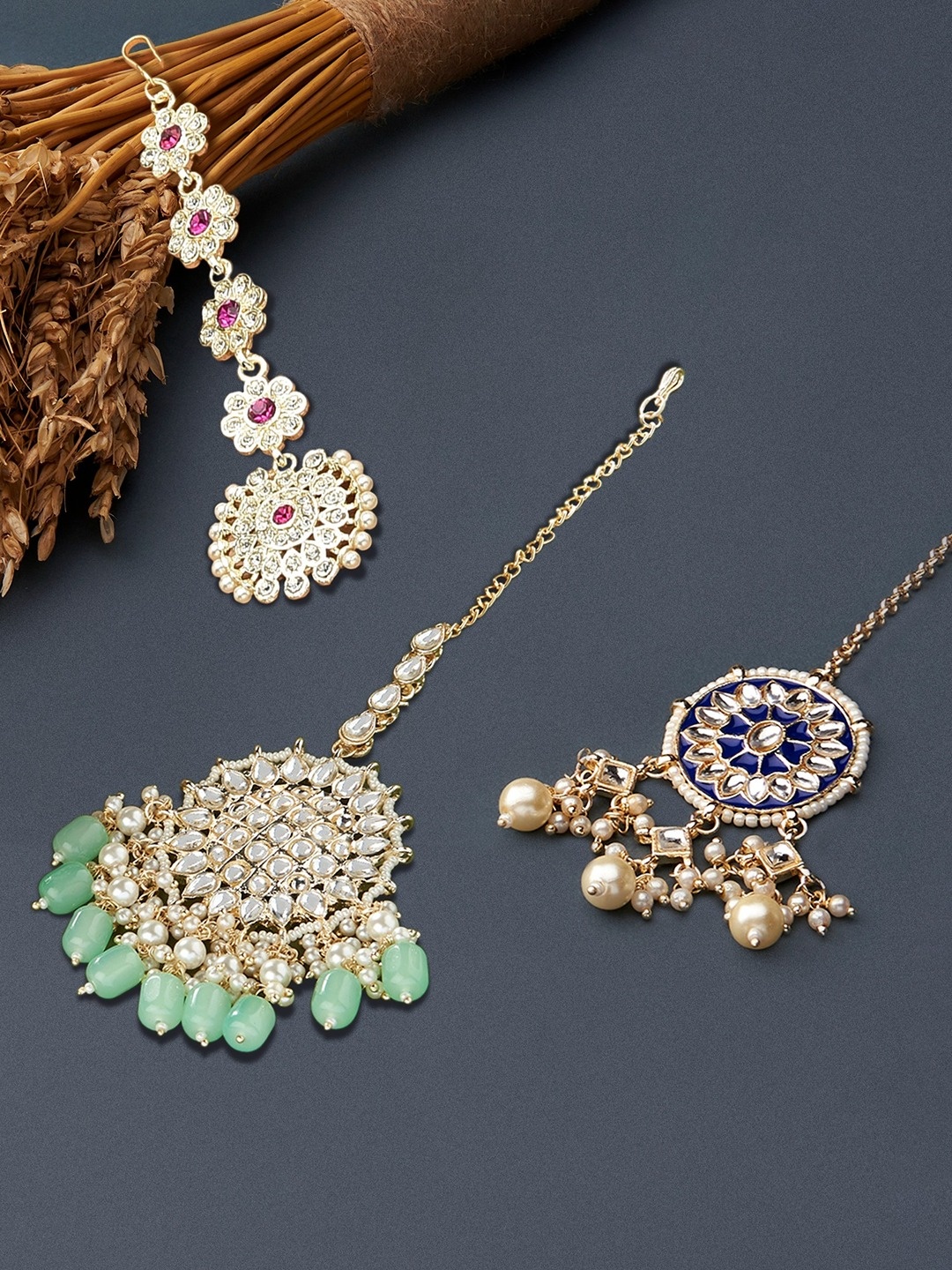 

Zaveri Pearls Set Of 3 White Kundan Studded & Beaded Meenakari Maangtikka, Multi