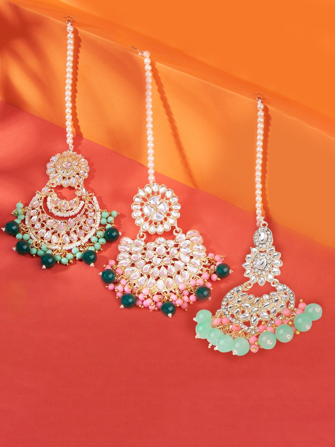 

Zaveri Pearls Set of 3 Gold-Plated White & Green Kundan Studded & Beaded Traditional Maangtikka