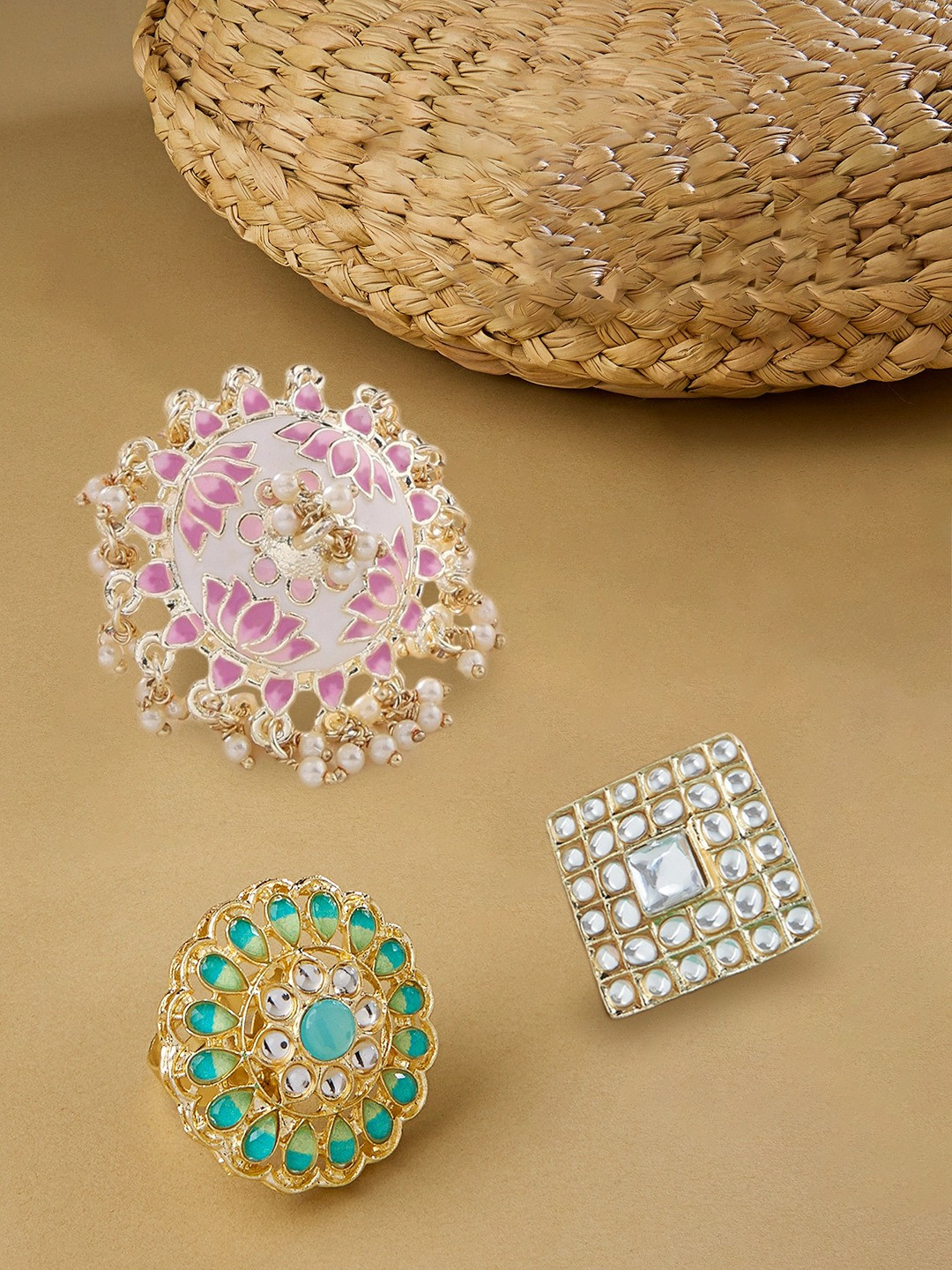 

Zaveri Pearls Women Set Of 3 Multicolored & Kundan-Studded Finger Ring, Pink