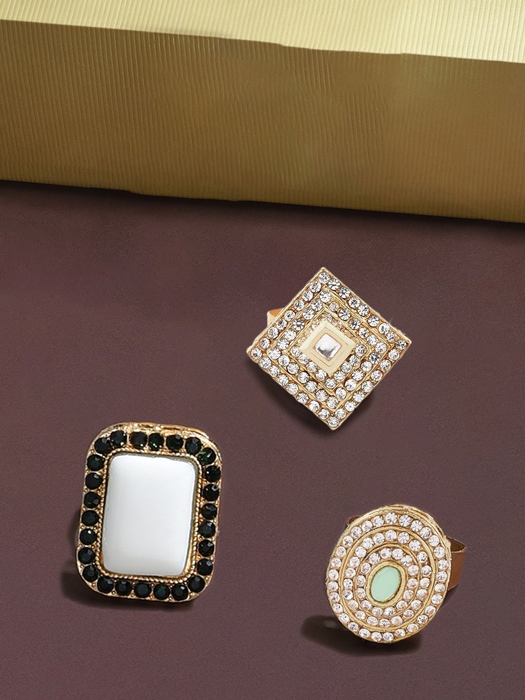 

Zaveri Pearls Set Of 3 Green & White AD Studded & Beaded Meenakari Adjustable Finger Ring