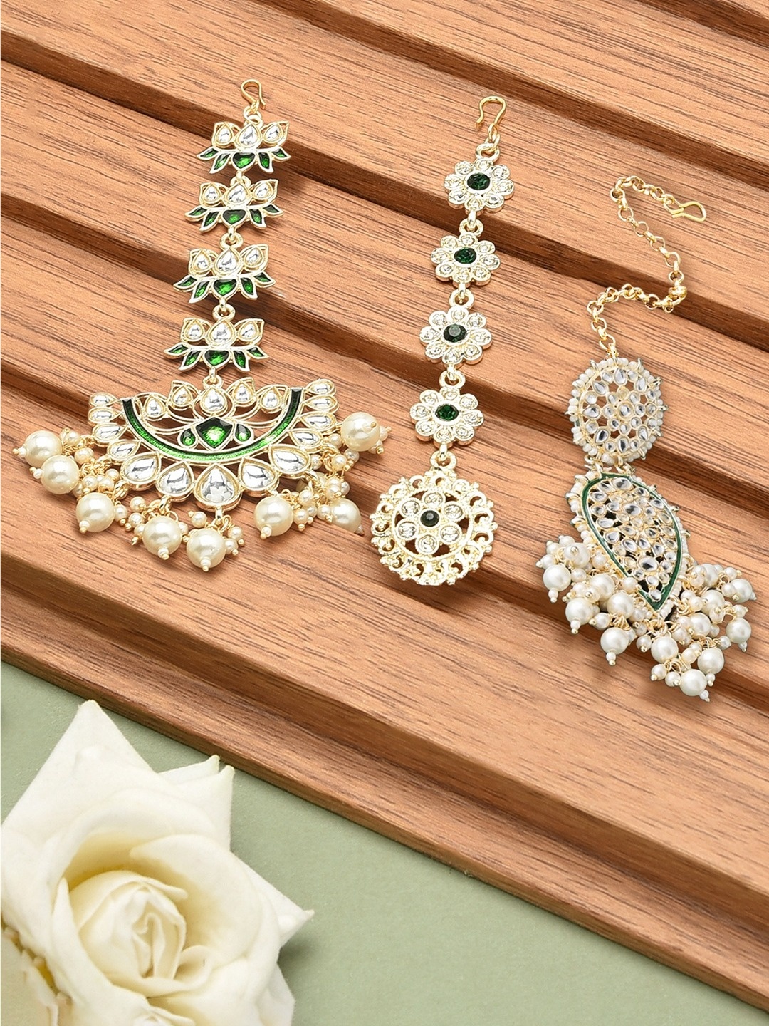 

Zaveri Pearls Set Of 3 White & Green Kundan Studded & Beaded Meenakari Maangtikka