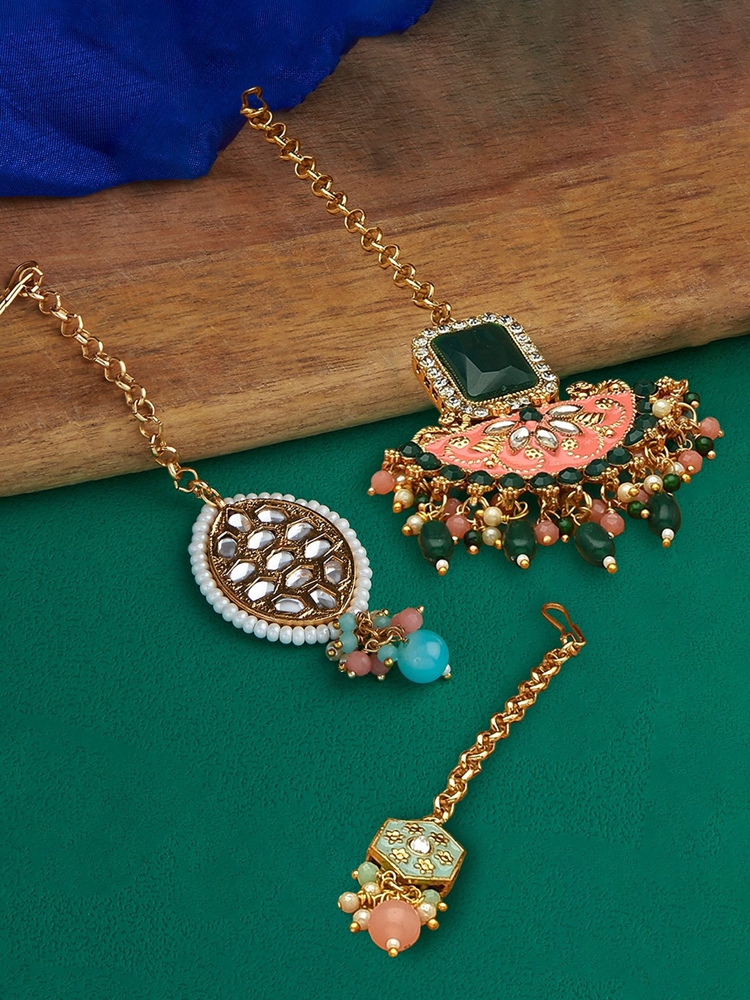 

Zaveri Pearls Set of 3 Multicolored Kundan-Studded & Beaded Head Jewellery, Gold