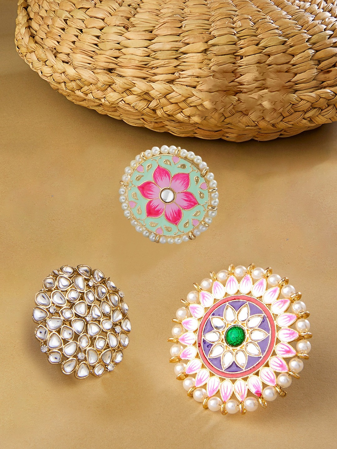 

Zaveri Pearls Women Gold-Plated Set of 3 Multicolored Meenakari Floral Ring