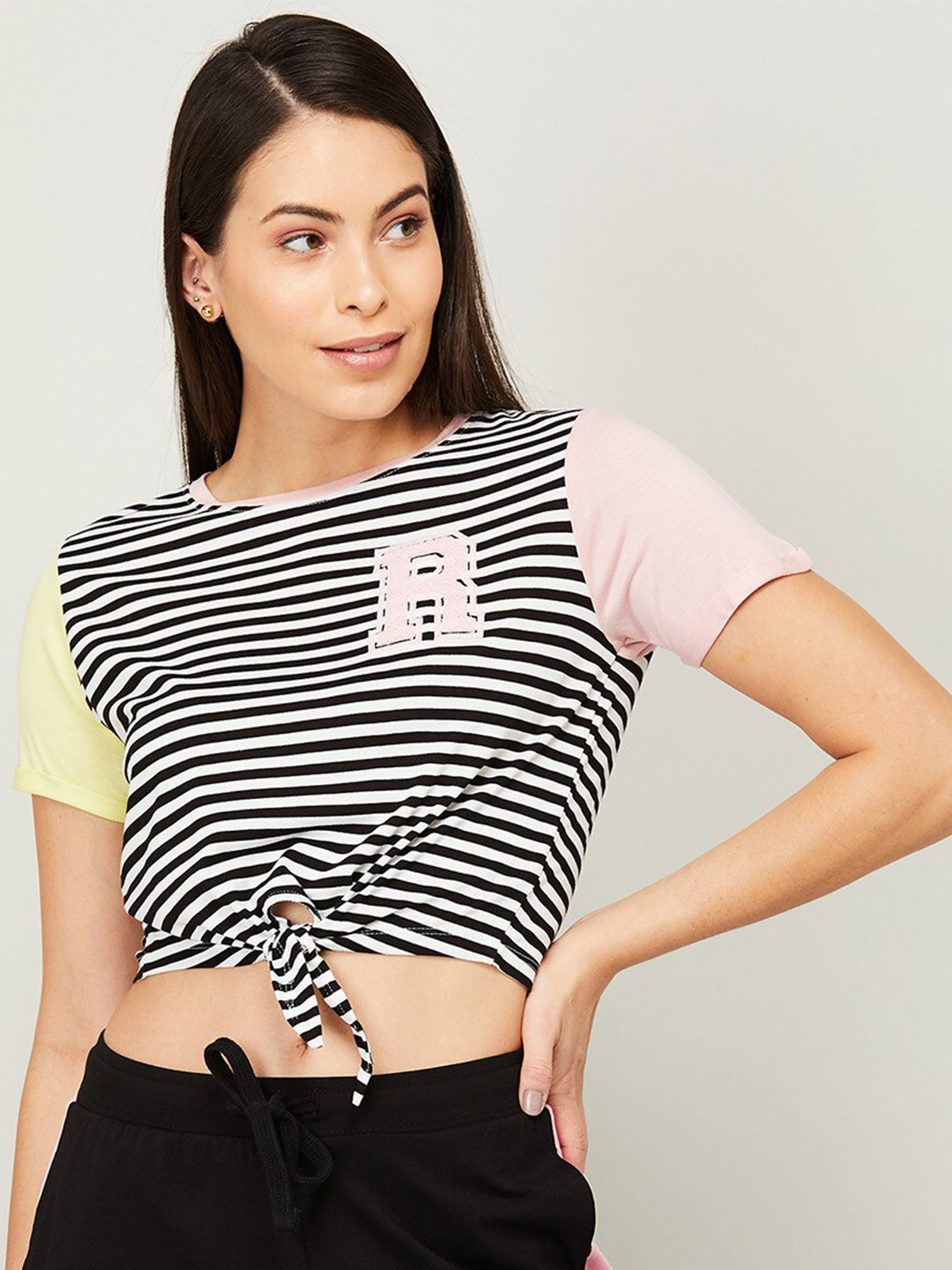 

Ginger by Lifestyle Women Black & Pink Striped Crop T-shirt
