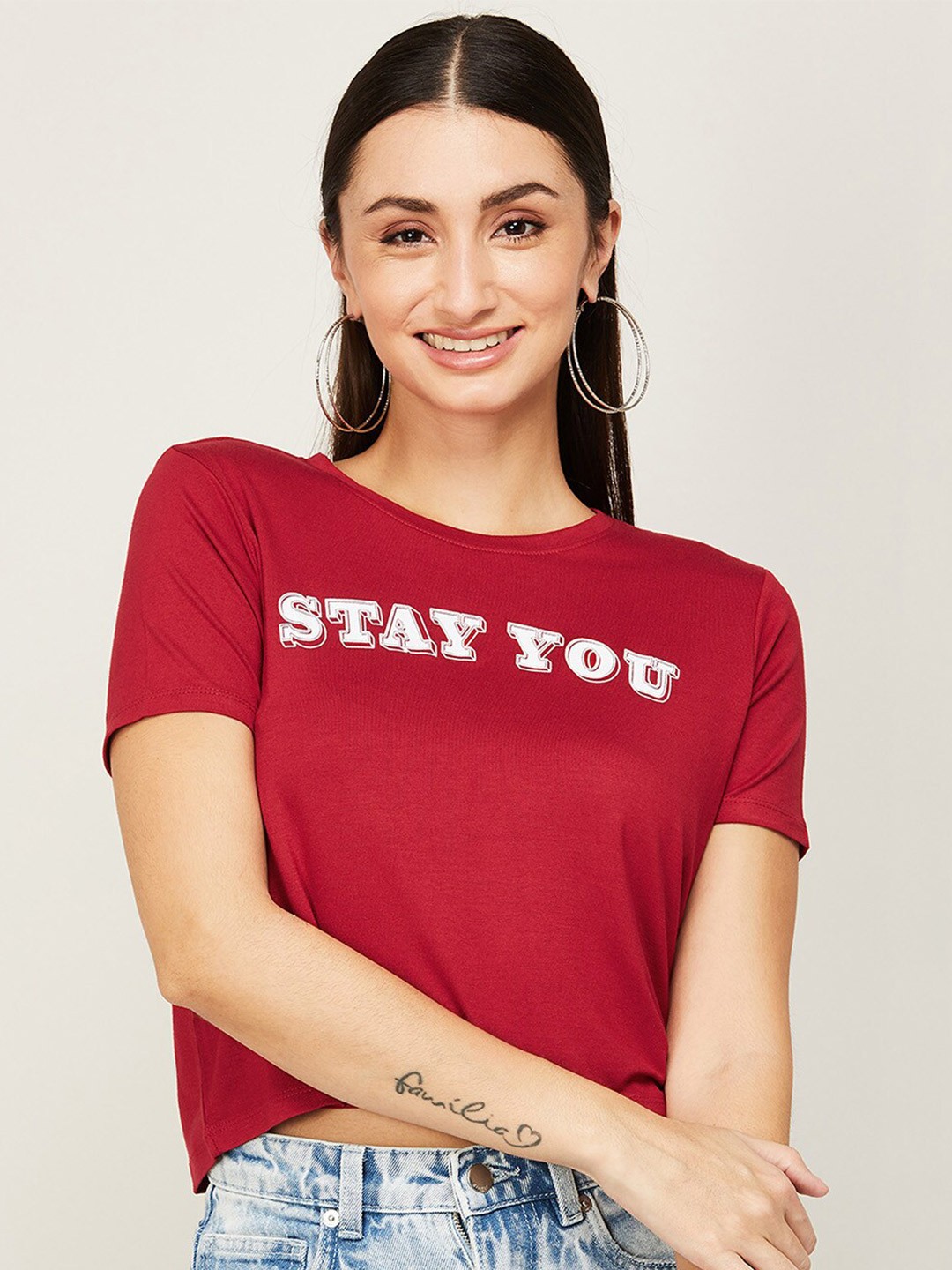 

Ginger by Lifestyle Women Red & White Typography Printed Crop T-shirt