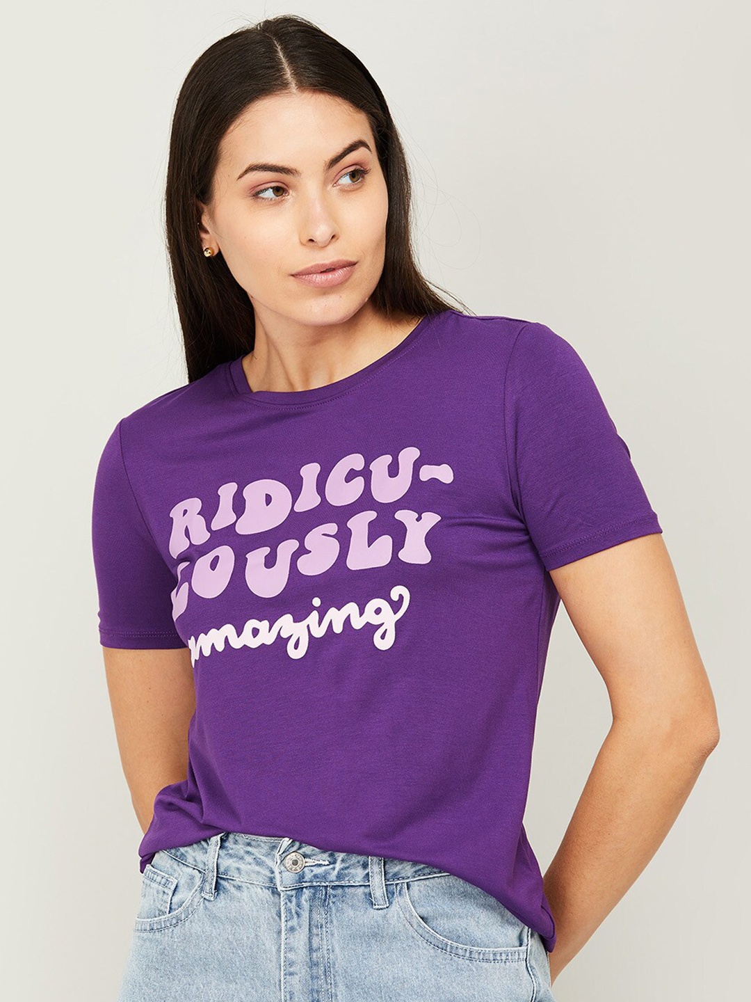 

Ginger by Lifestyle Women Purple Typography Printed T-shirt