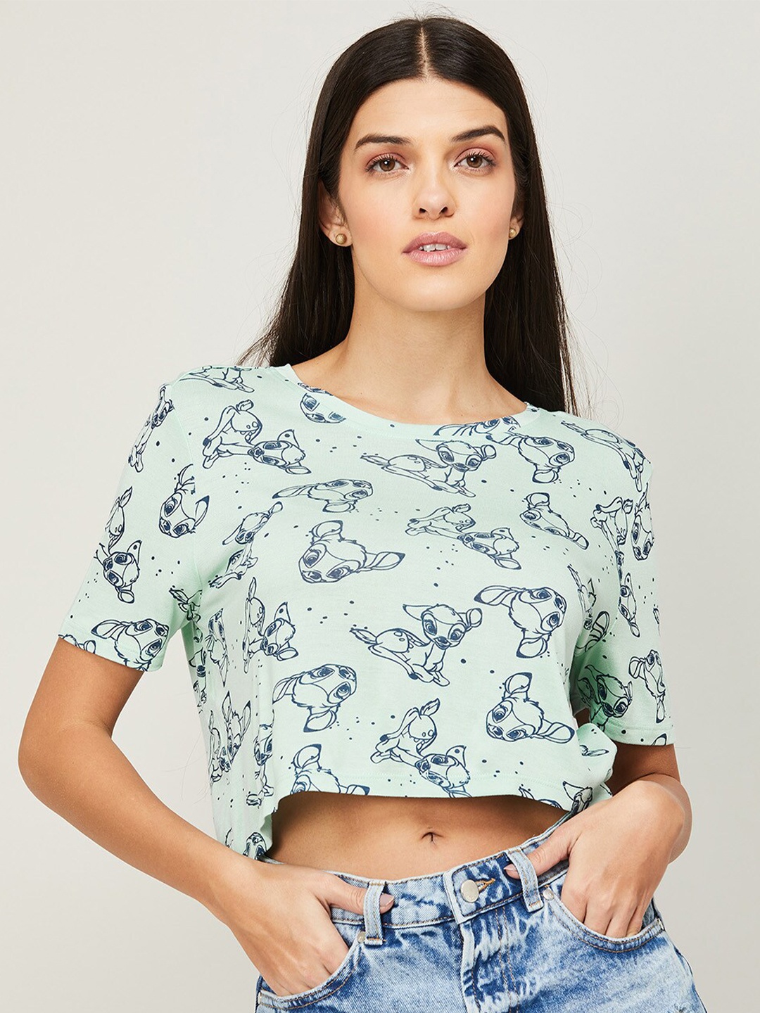 

Ginger by Lifestyle Women Blue & Green Printed Crop T-shirt
