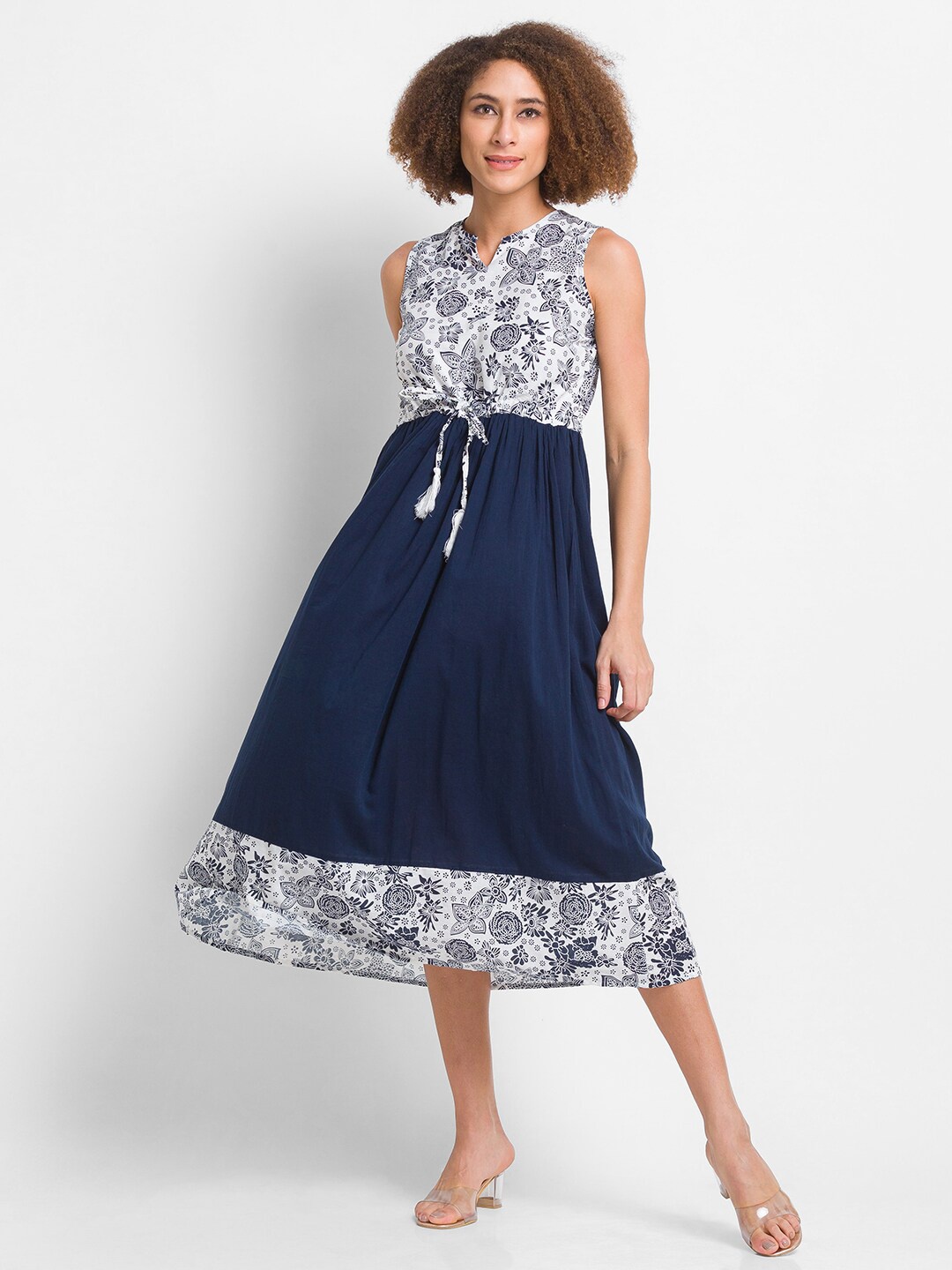 

Globus Navy Blue Floral Printed Waist Tie-Up 100% Cotton Midi Dress