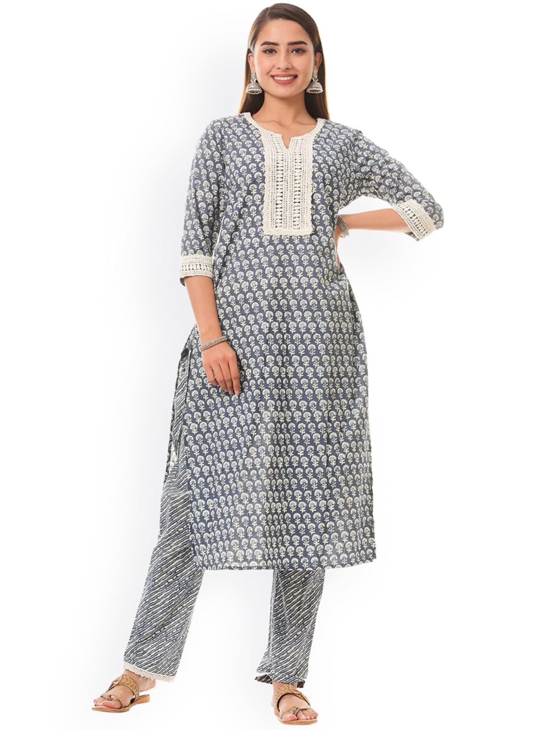 

TRISHLA INDIA Women Grey Ethnic Motifs Printed Pure Cotton Kurta with Salwar