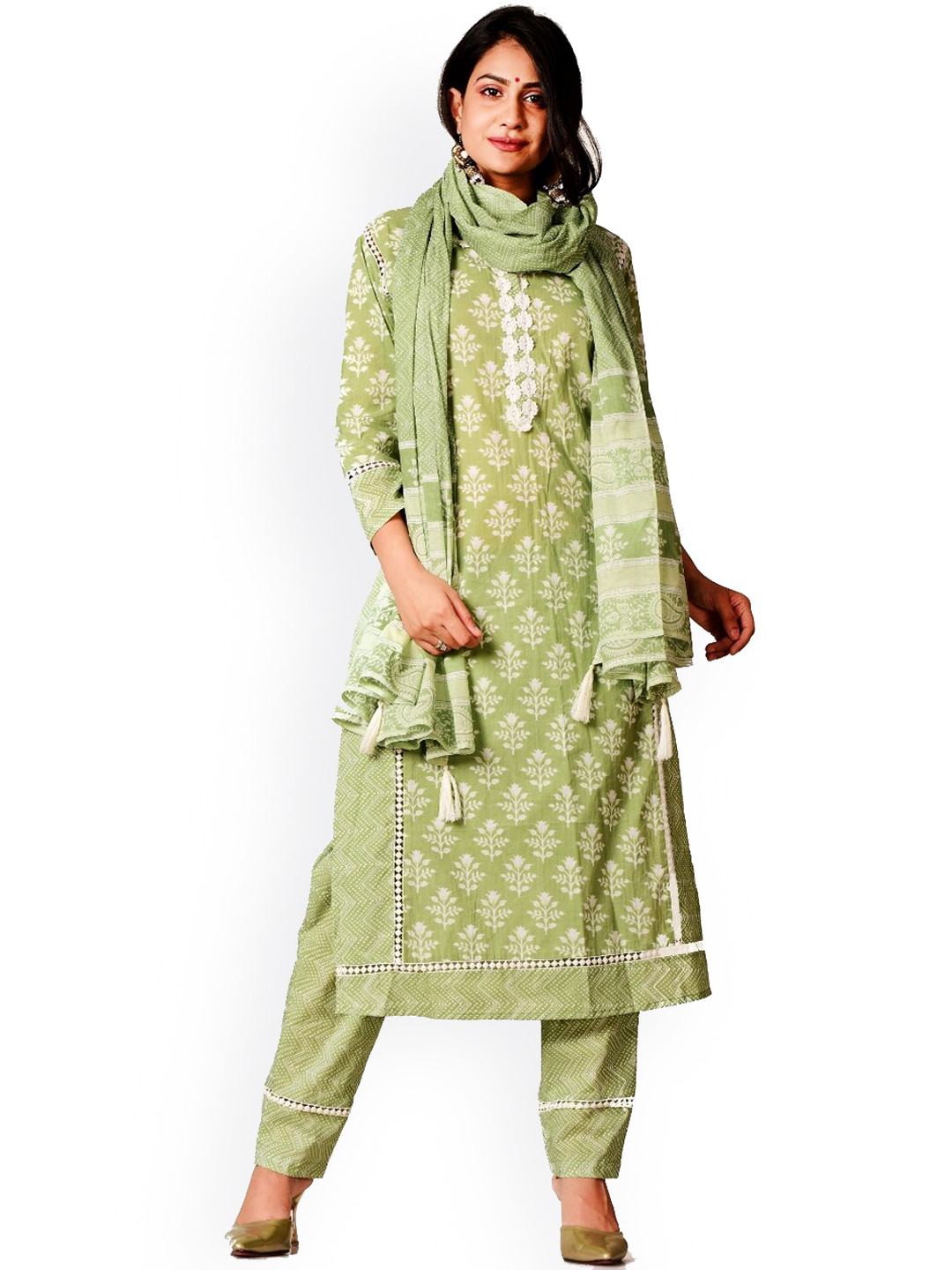 

TRISHLA INDIA Women Green Ethnic Motifs Printed Pure Cotton Kurta with Salwar & With Dupatta