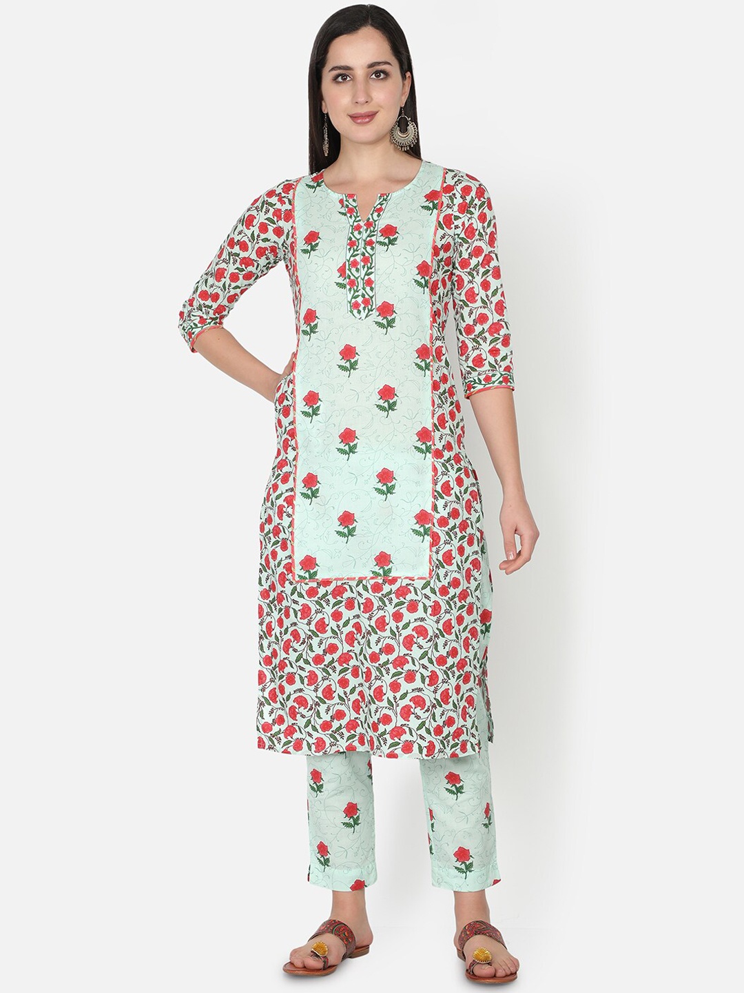 

TRISHLA INDIA Women Green Floral Printed Pure Cotton Kurta with Trousers