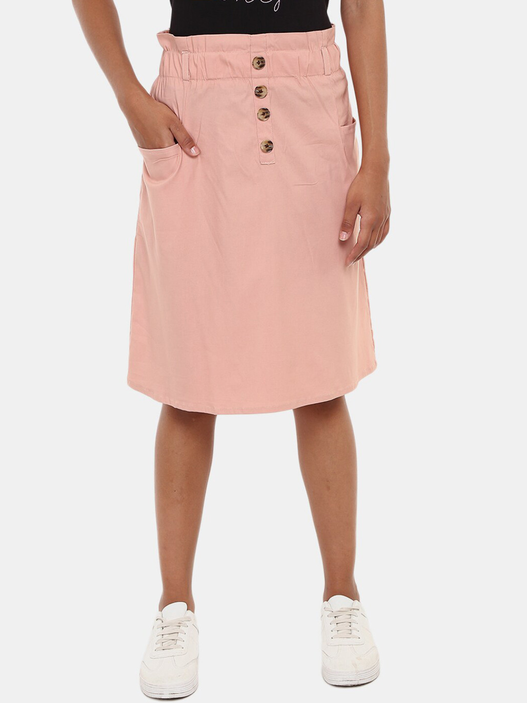 

V-Mart Women Peach-Colored Solid Pure Cotton Straight Knee-Length Skirt