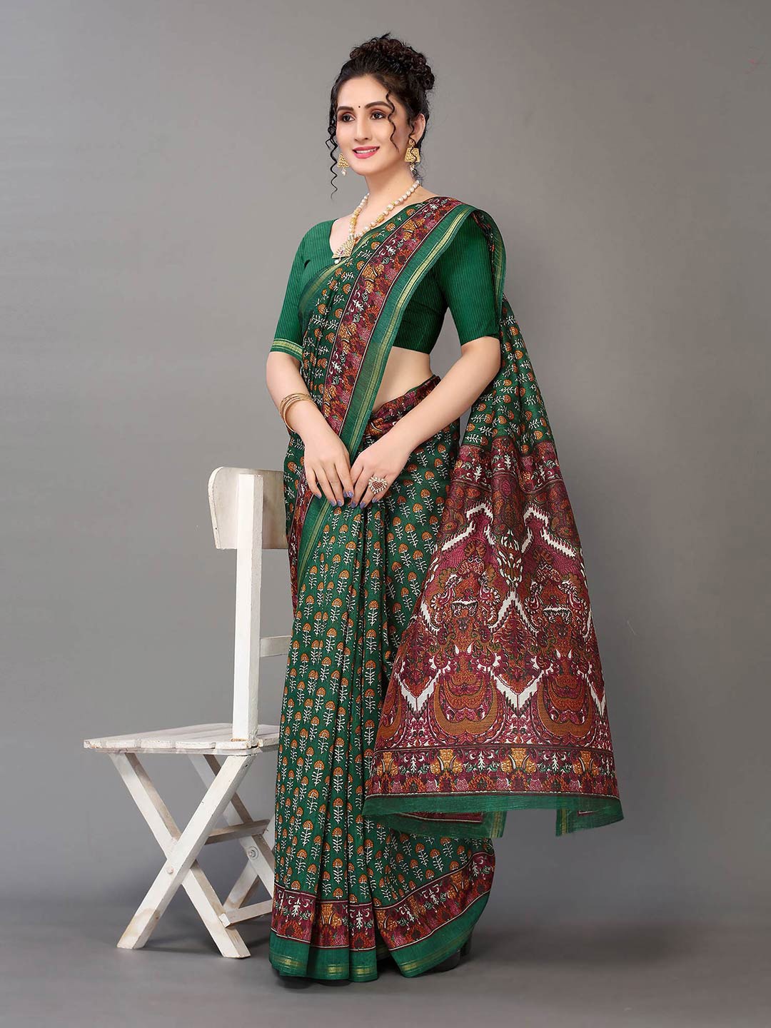 

HRITIKA Green & Maroon Floral Zari Art Silk Saree