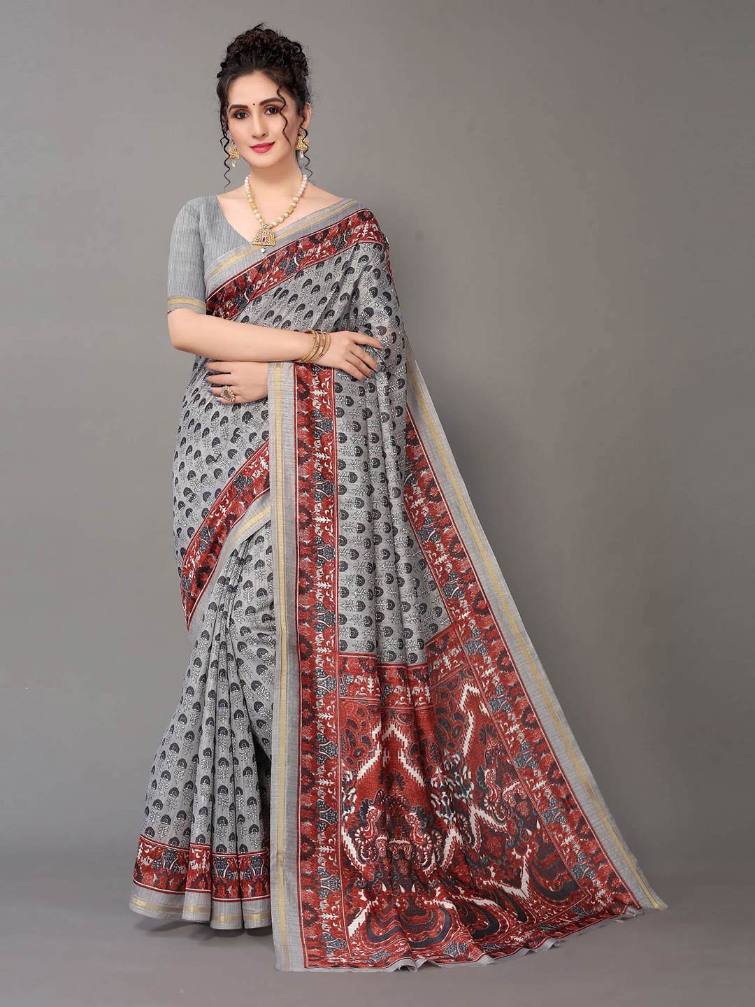 

HRITIKA Grey & Brown Floral Art Silk Saree