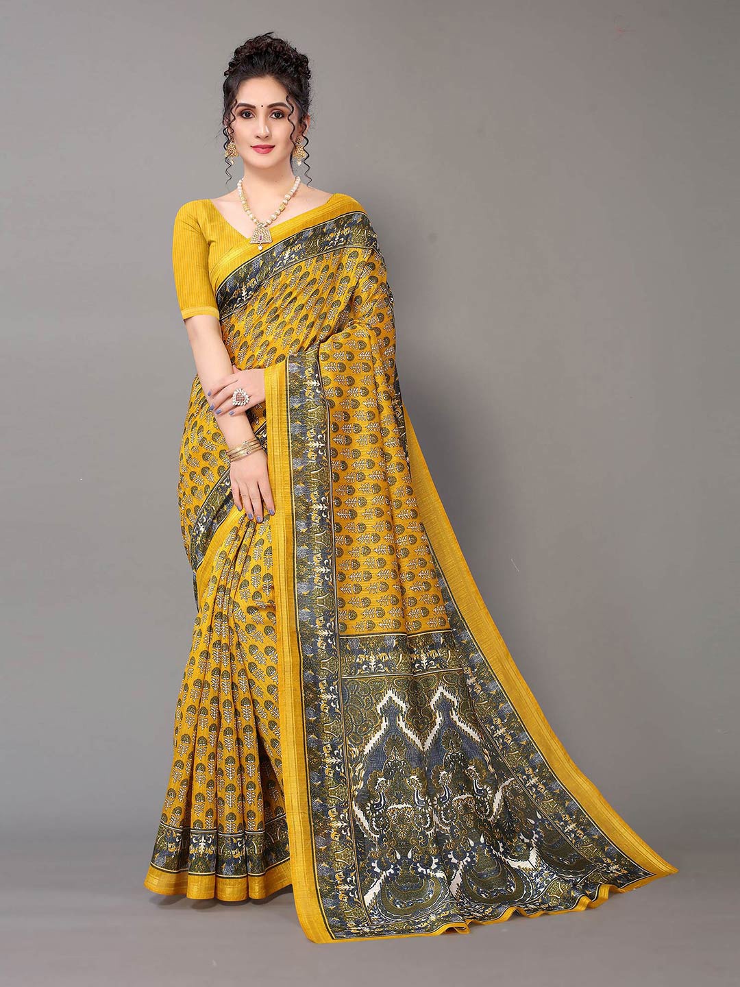 

HRITIKA Yellow & Green Floral Art Silk Saree