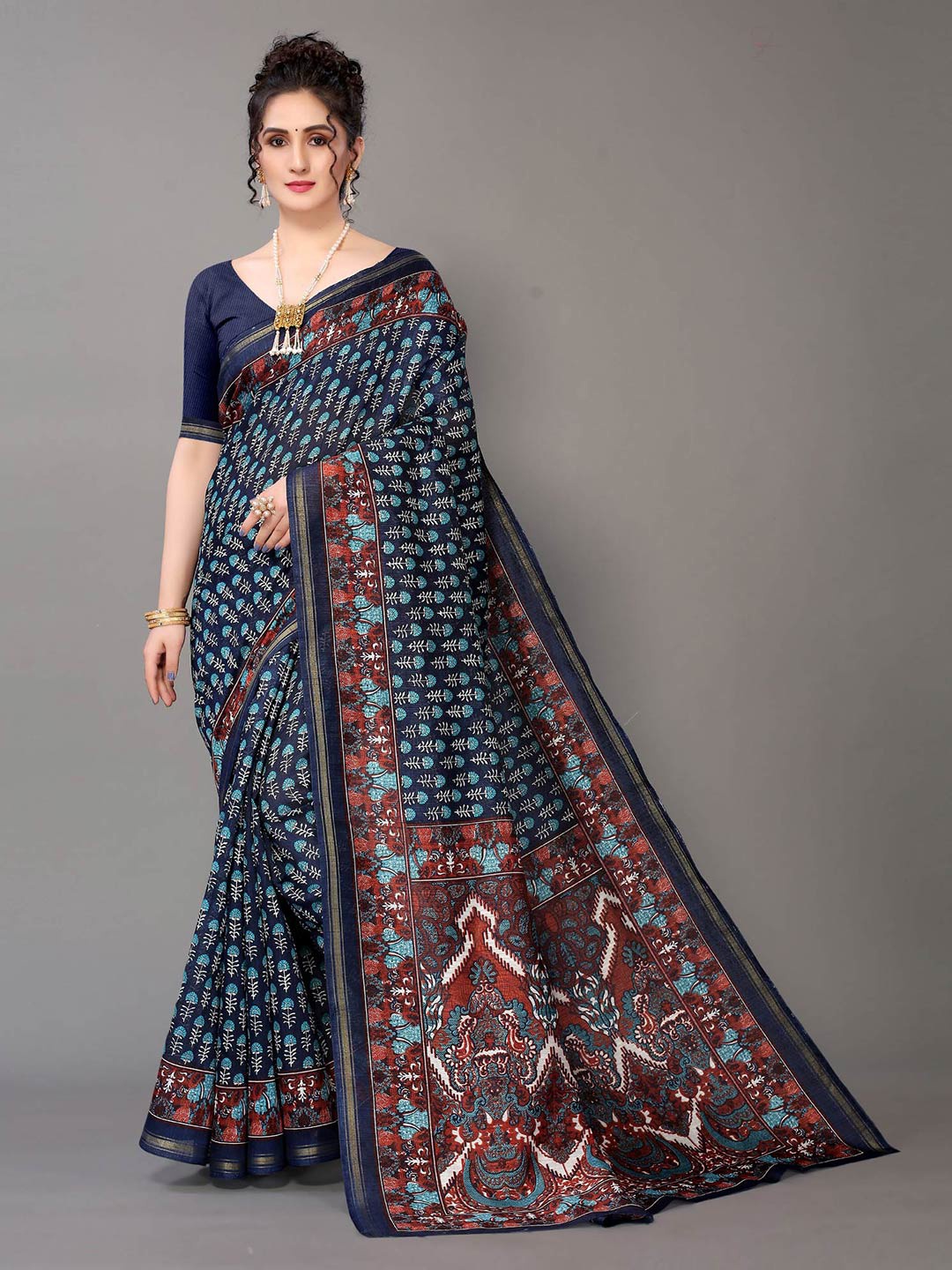 

HRITIKA Navy Blue & Gold-Toned Floral Zari Art Silk Saree