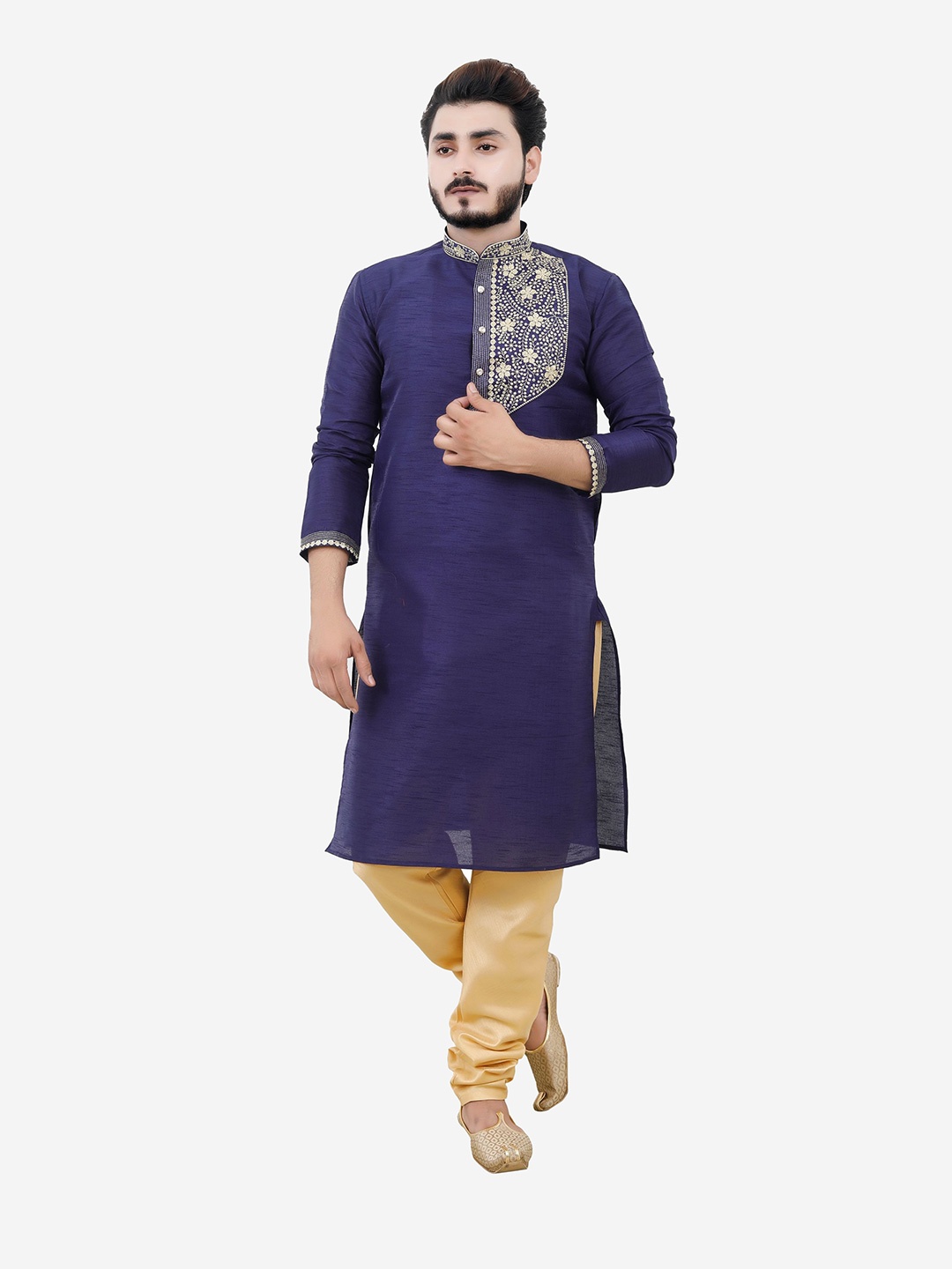 

Tibra Collection Men Navy Blue Yoke Design Dupion Silk Kurta with Churidar