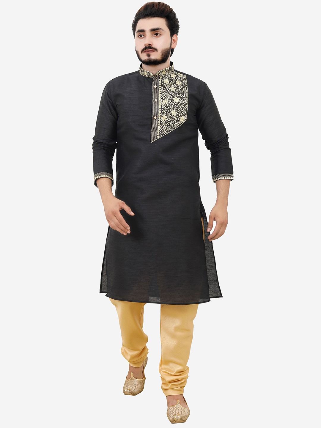 

Tibra Collection Men Black Embroidered Dupion Silk Kurta with Pyjamas