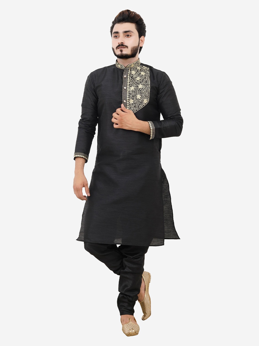 

Tibra Collection Men Black Dupion Silk Kurta with Churidar