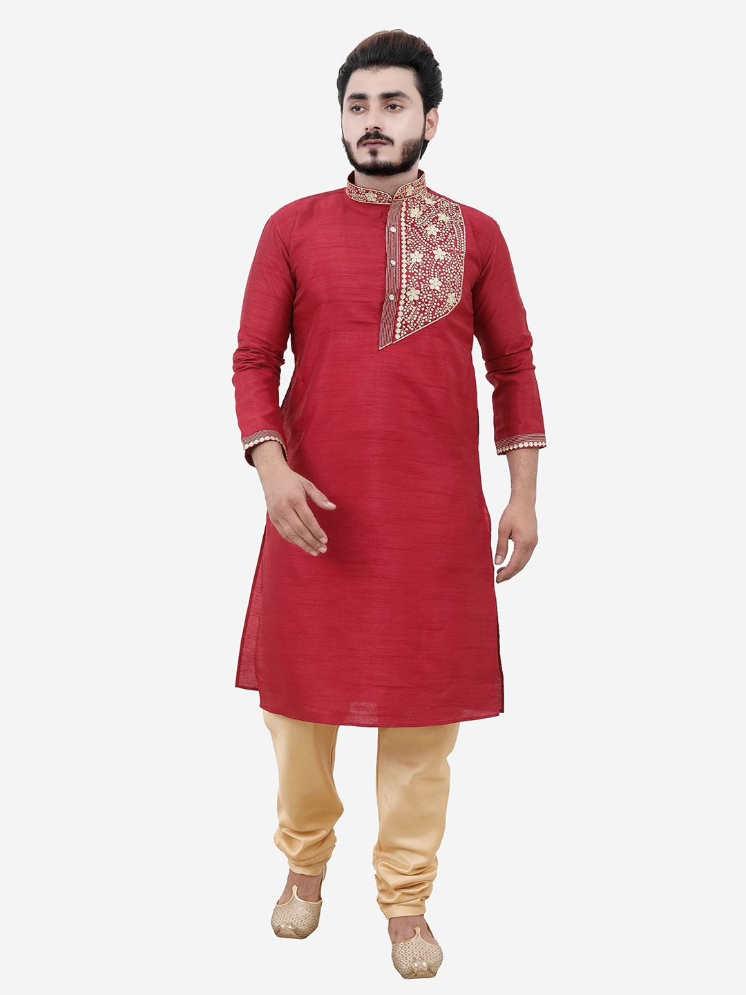 

Tibra Collection Men Maroon Embroidered Dupion Silk Kurta with Pyjamas