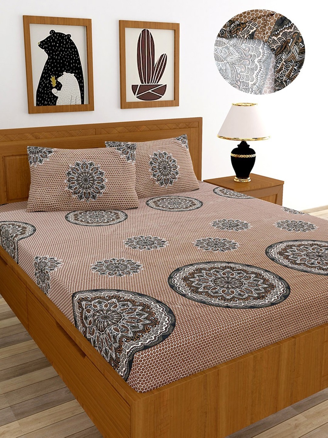 

MORADO Brown & Black Geometric 210 TC Queen Fitted Bedsheet with 2 Pillow Covers