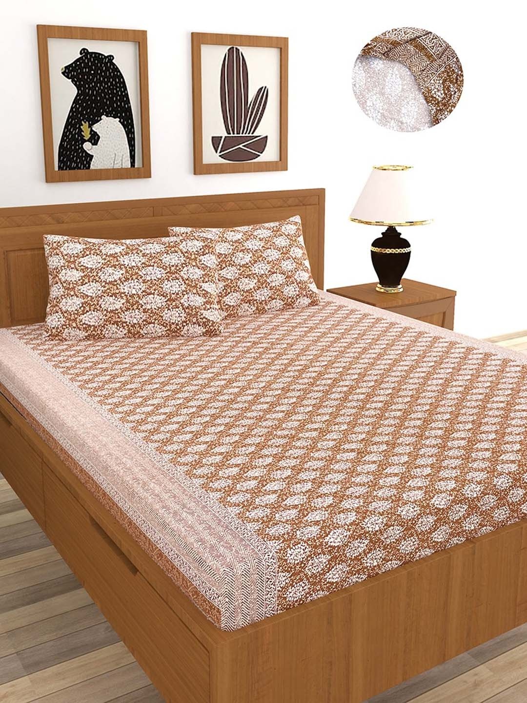 

MORADO Brown & White Floral 210 TC Queen Fitted Bedsheet with 2 Pillow Covers