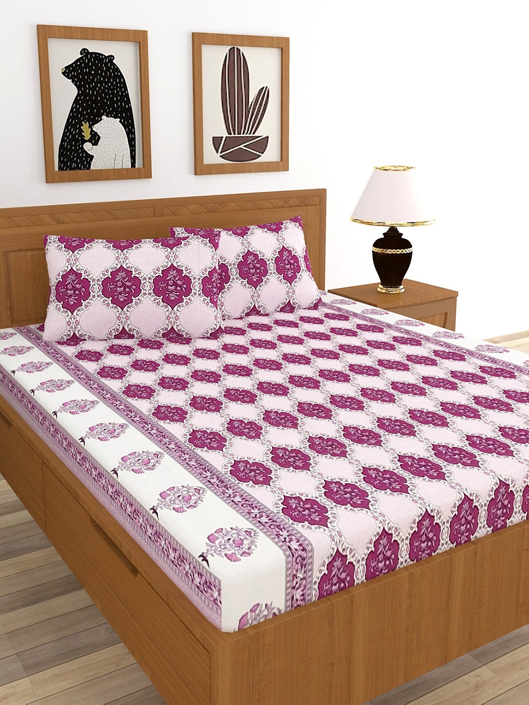 

MORADO Pink & Purple Geometric Printed 210 TC Queen Fitted Bedsheet With 2 Pillow Covers