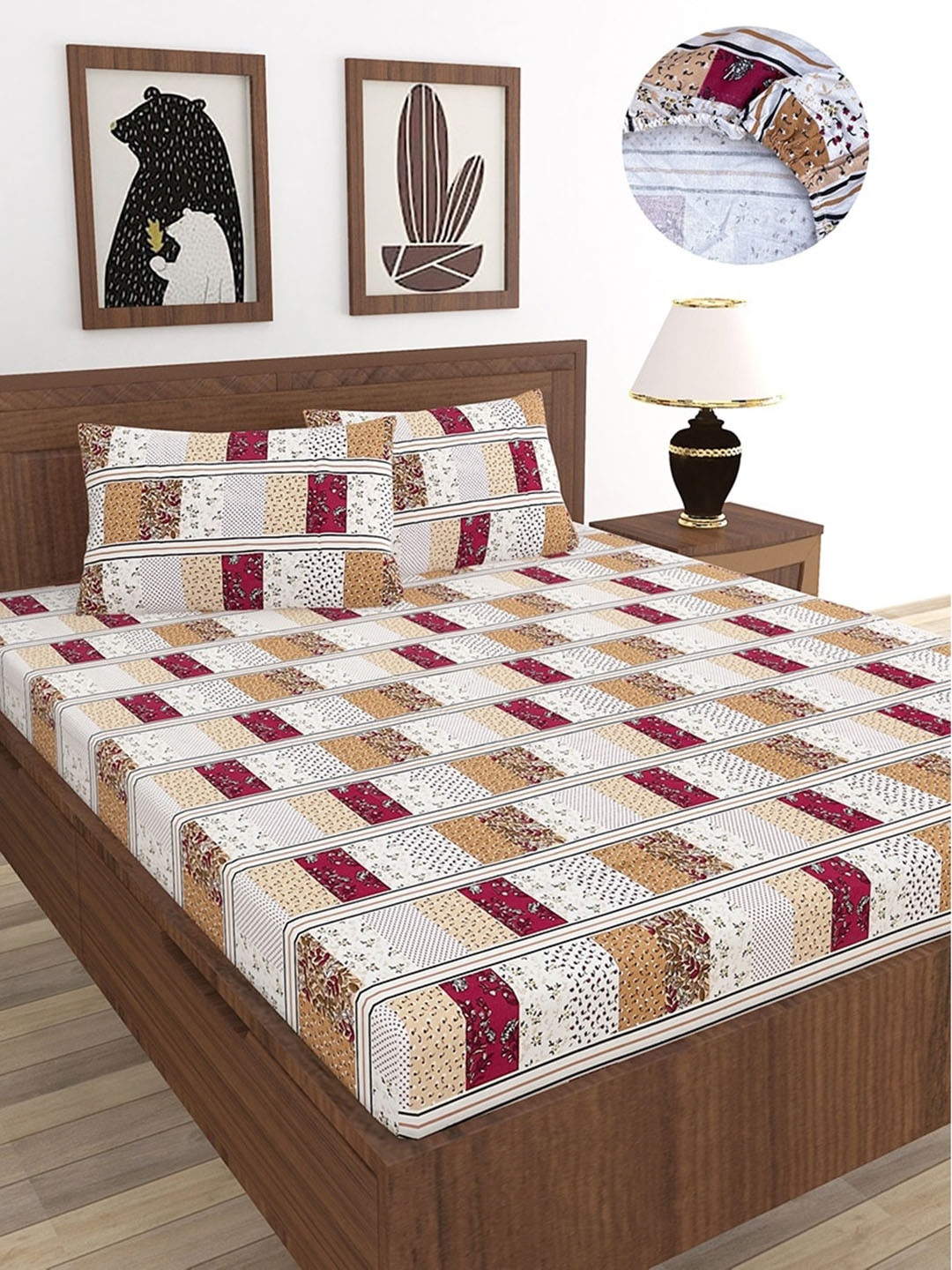 

MORADO Brown & Pink Floral 210 TC Queen Fitted Bedsheet With 2 Pillow Covers