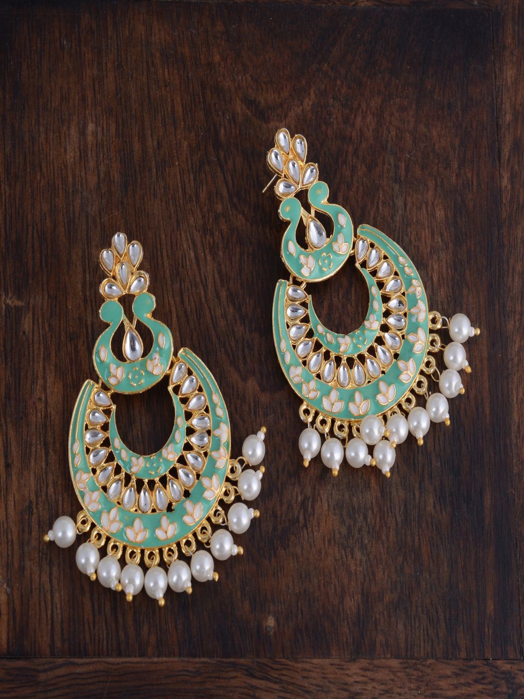 

kashwini Sea Green & White Contemporary Chandbalis Earrings