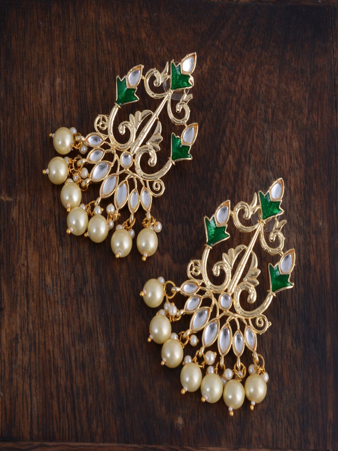 

kashwini Green & Cream Gold-Plated Contemporary Drop Earrings