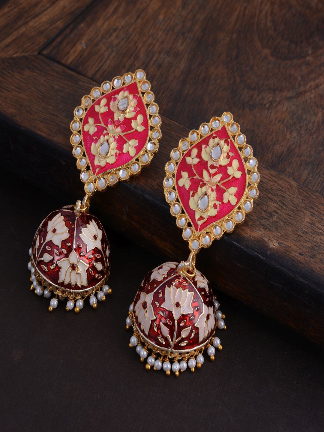 

kashwini Gold-Toned & Red Contemporary Jhumkas Earrings