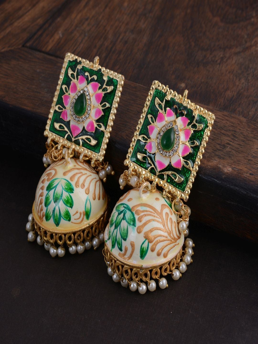 

kashwini Green & Cream Gold-Plated Dome Shaped Drop Earrings