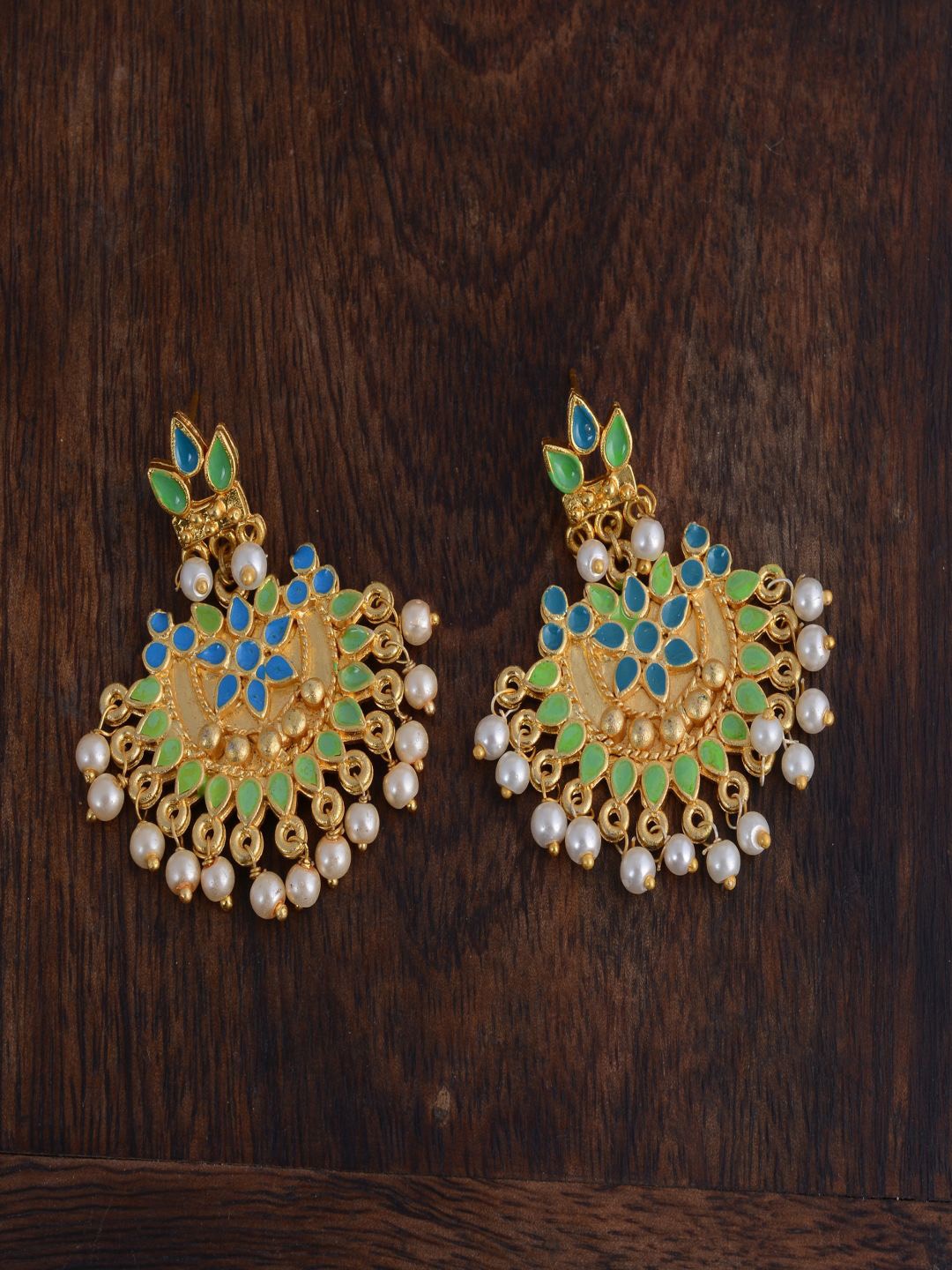 

kashwini Green & Blue Gold-Plated Contemporary Chandbalis Earrings