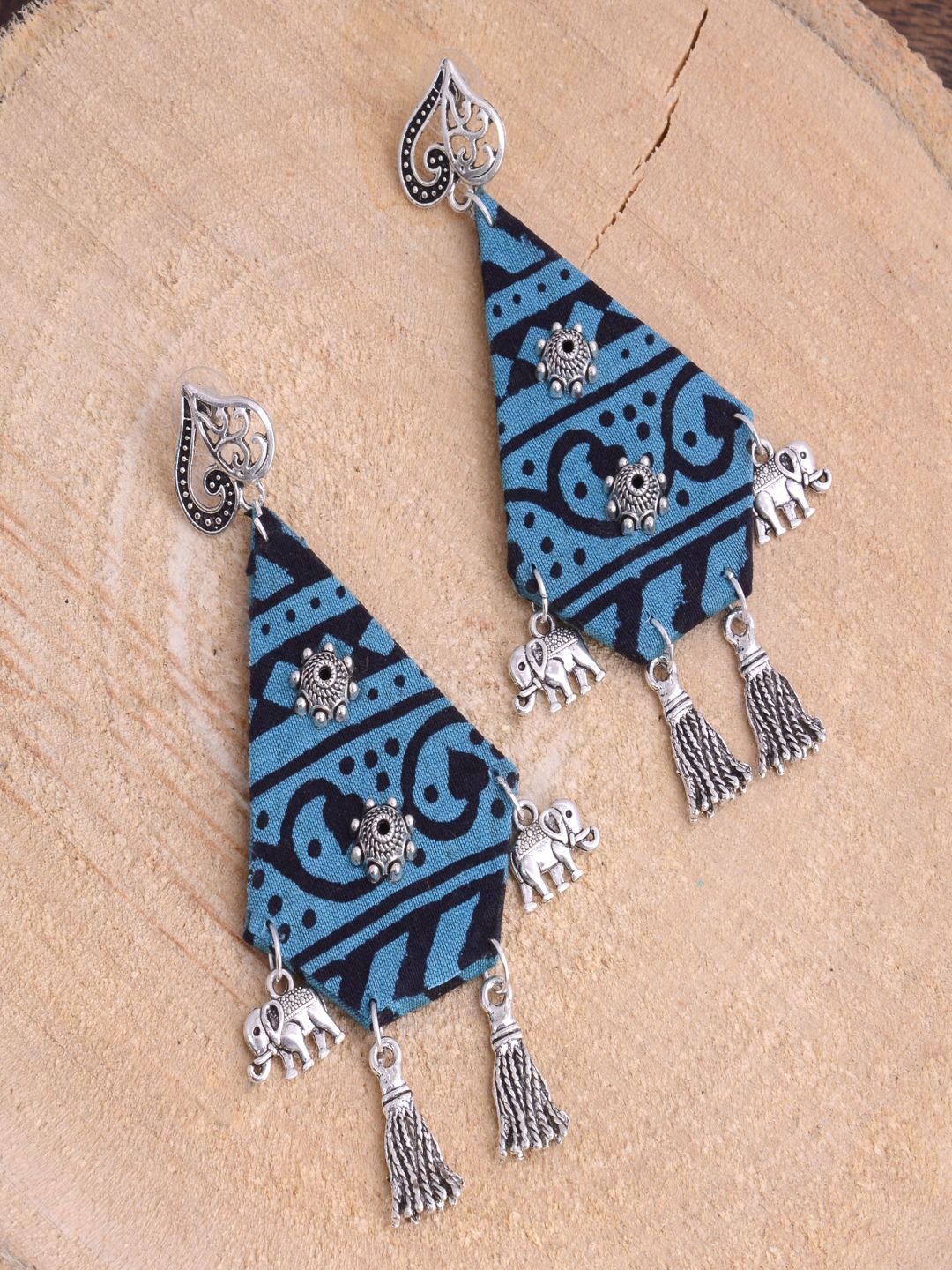 

kashwini Blue Silver-Plated Teardrop Shaped Fabric Drop Earrings