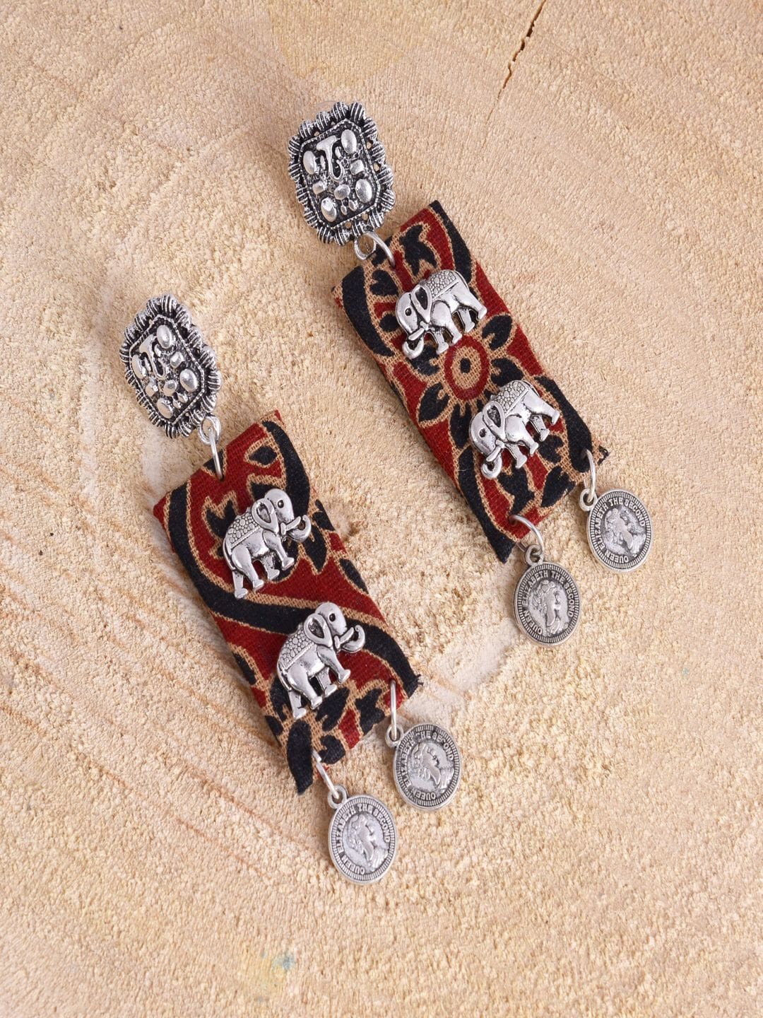 

kashwini Red & Black Silver-Plated Contemporary Drop Earrings