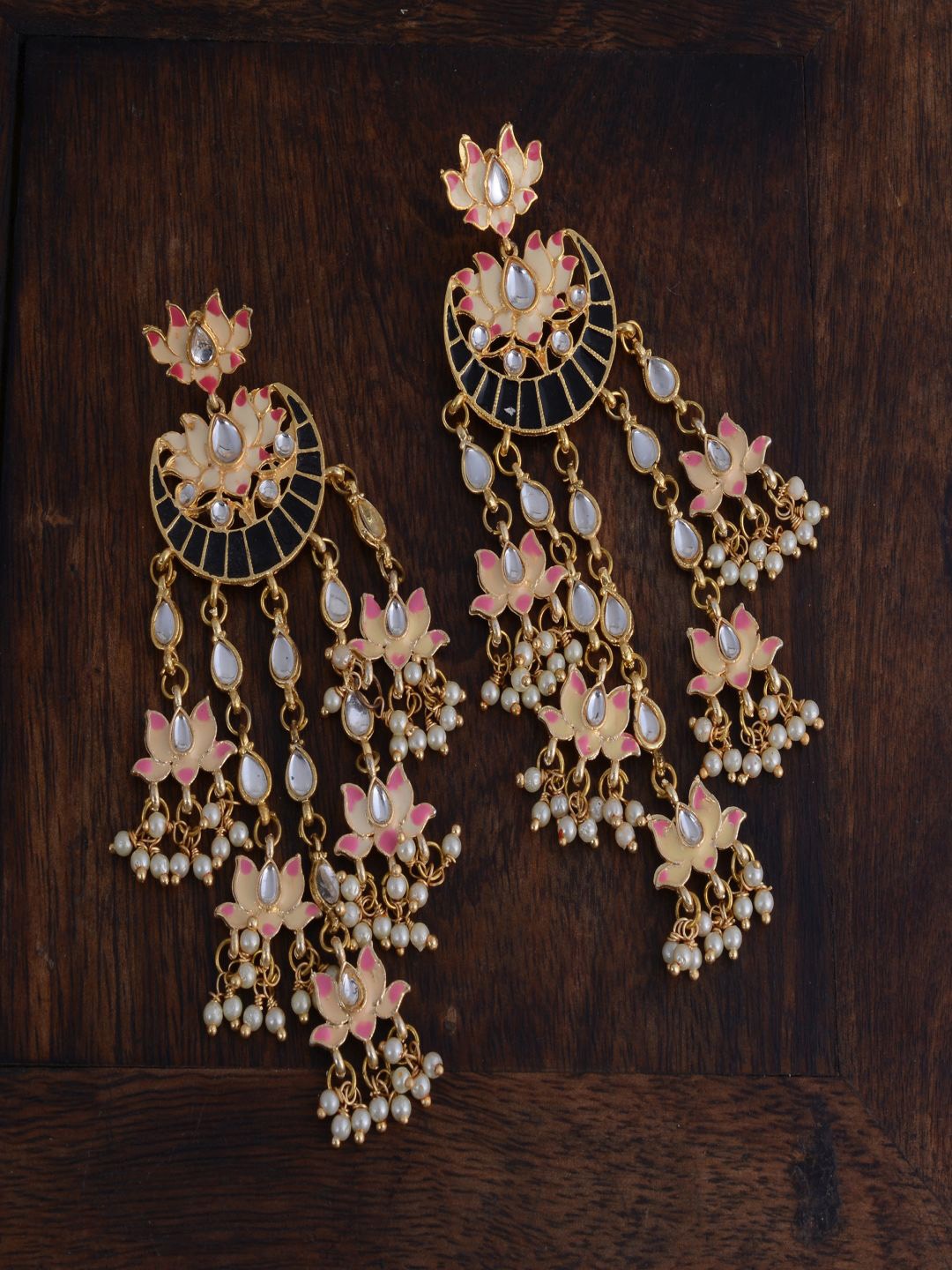 

kashwini Black & Peach Gold-Plated Floral Drop Earrings