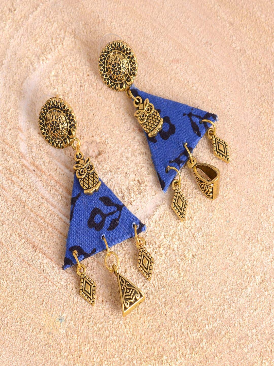 

kashwini Navy Blue & Gold Plated Contemporary Drop Earrings